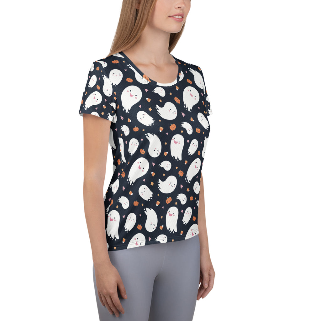 Women’s Ghost Halloween Performance Athletic T-Shirt - Lightweight Moisture Wicking Workout Top with UPF 50+