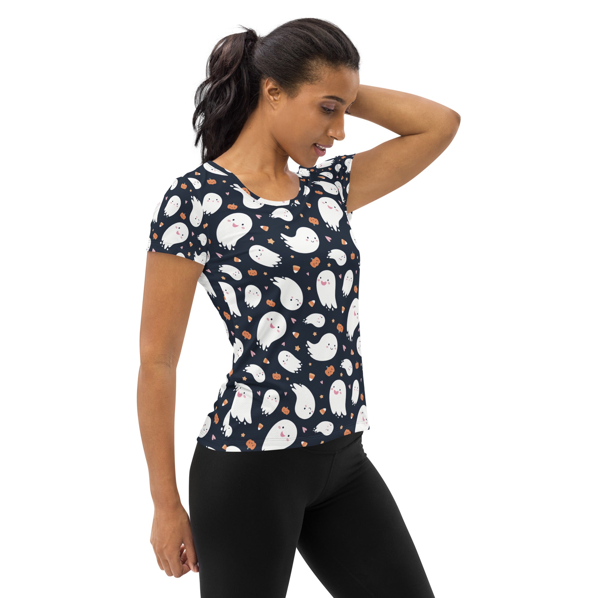 Women’s Ghost Halloween Performance Athletic T-Shirt - Lightweight Moisture Wicking Workout Top with UPF 50+
