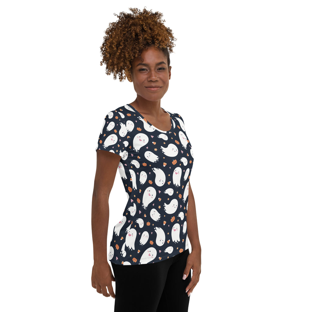 Women’s Ghost Halloween Performance Athletic T-Shirt - Lightweight Moisture Wicking Workout Top with UPF 50+