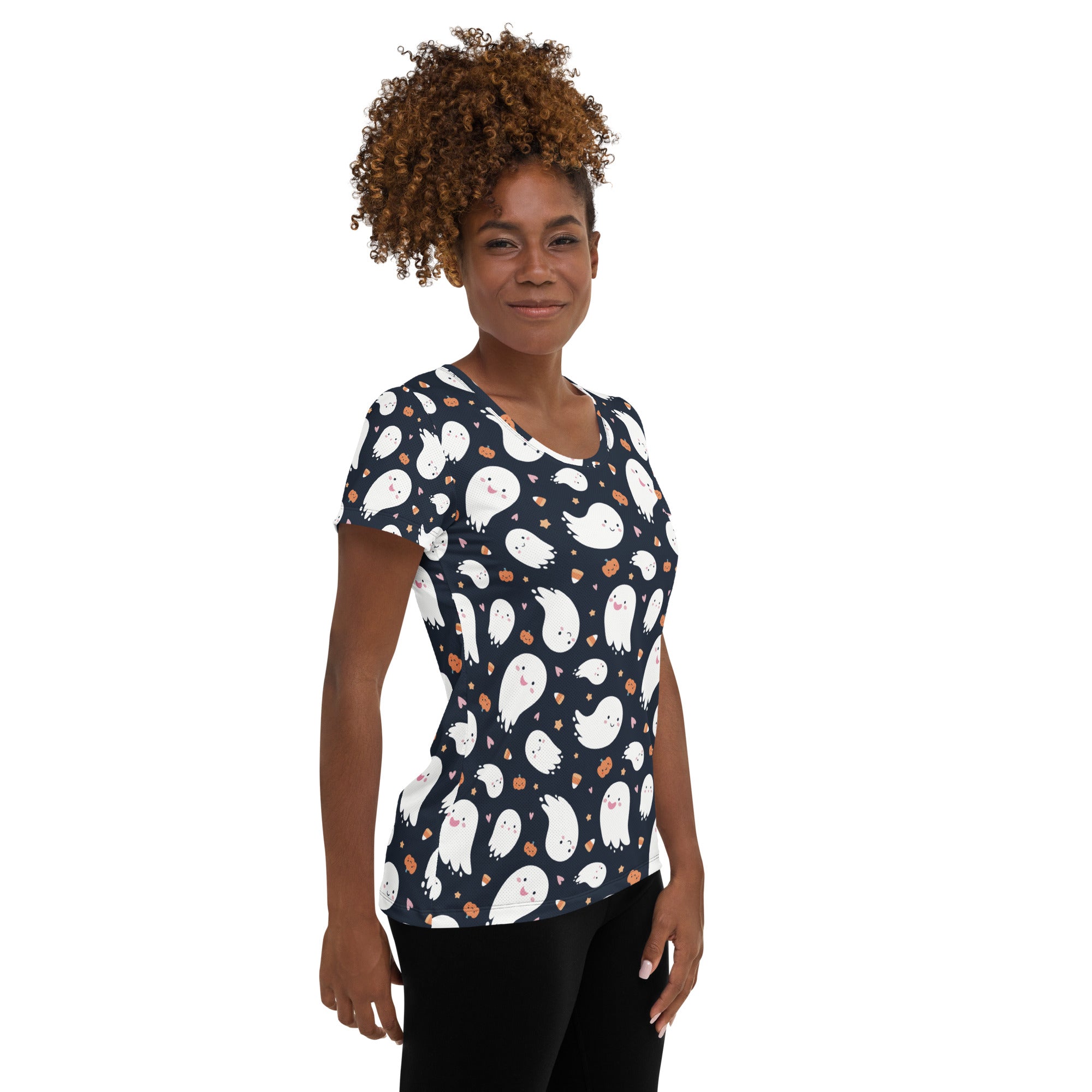 Women’s Ghost Halloween Performance Athletic T-Shirt - Lightweight Moisture Wicking Workout Top with UPF 50+