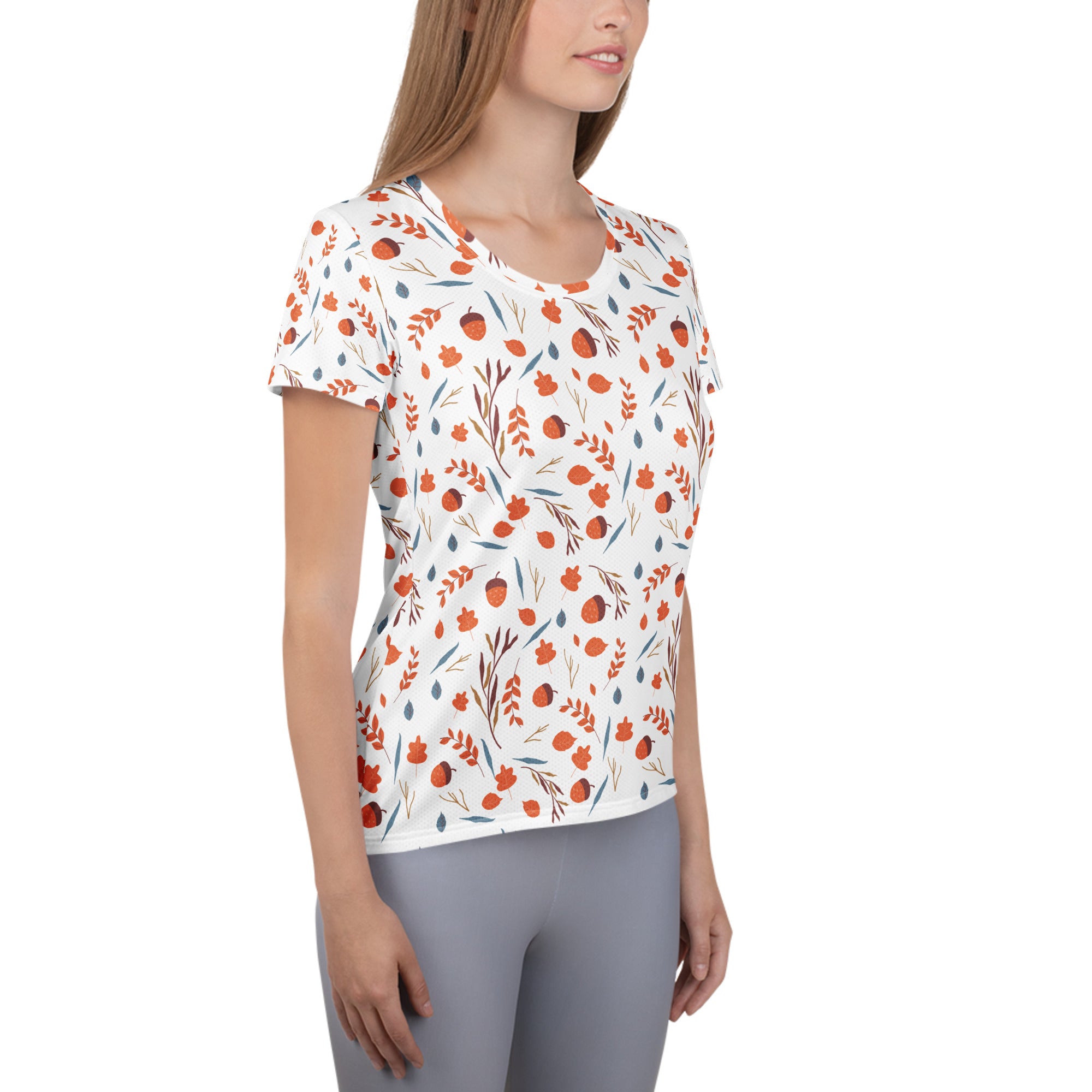Women’s Fall Leaves & Acorns Performance Athletic T-Shirt - Lightweight Moisture Wicking Workout Top with UPF 50+