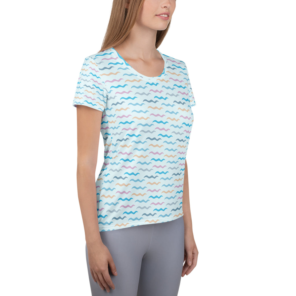 Women’s Pastel Wavy Stripe Performance Athletic T-Shirt - Lightweight Moisture Wicking Workout Top with UPF 50+