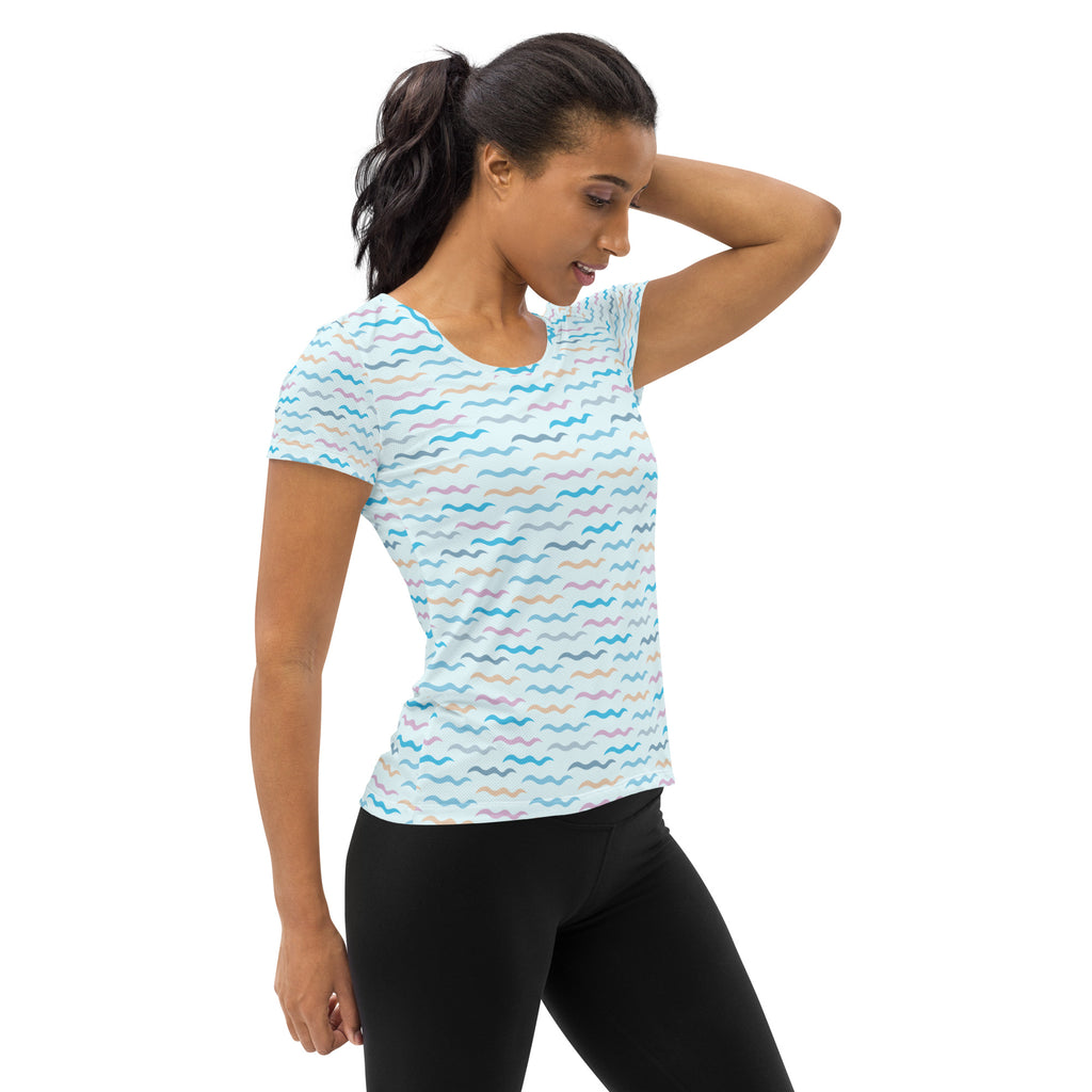 Women’s Pastel Wavy Stripe Performance Athletic T-Shirt - Lightweight Moisture Wicking Workout Top with UPF 50+