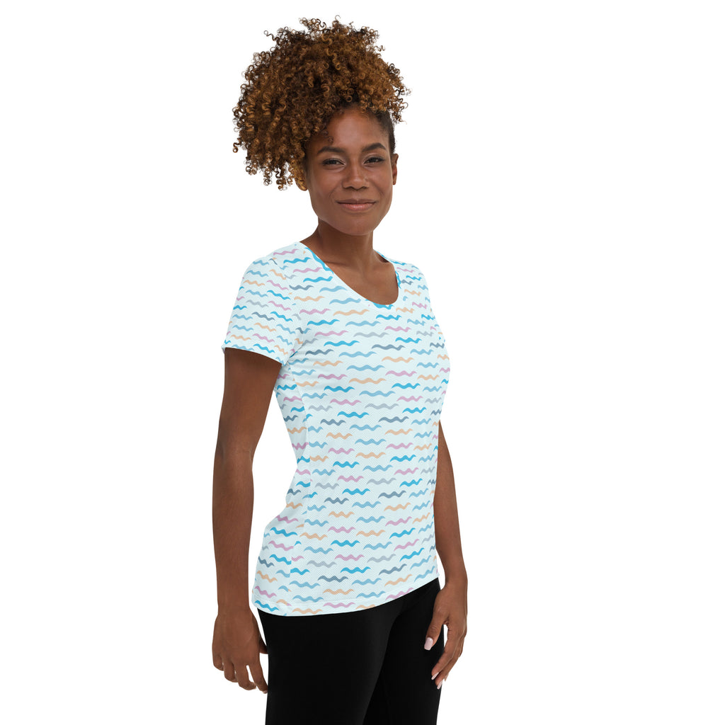 Women’s Pastel Wavy Stripe Performance Athletic T-Shirt - Lightweight Moisture Wicking Workout Top with UPF 50+