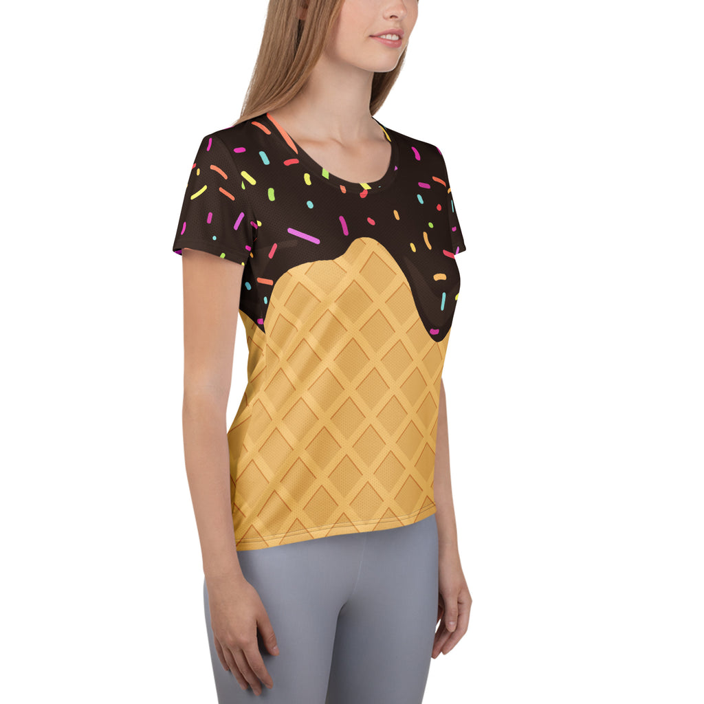 Women’s Chocolate Ice Cream Cone Performance Athletic T-Shirt - Lightweight Moisture Wicking Workout Top with UPF 50+