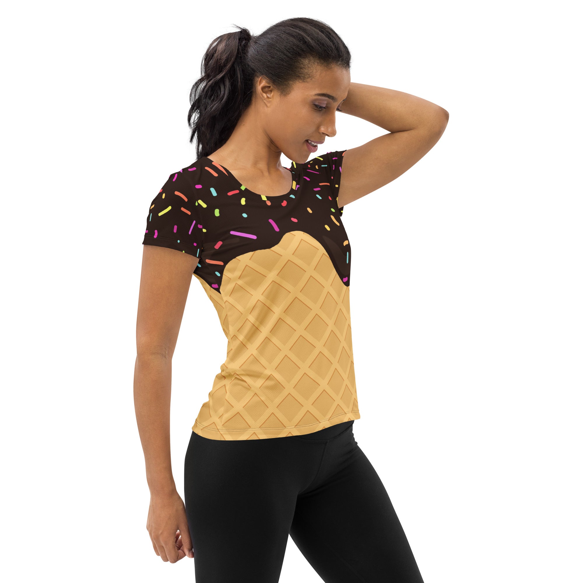 Women’s Chocolate Ice Cream Cone Performance Athletic T-Shirt - Lightweight Moisture Wicking Workout Top with UPF 50+