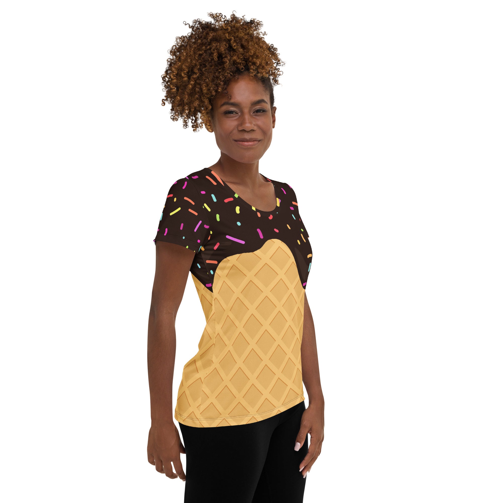 Women’s Chocolate Ice Cream Cone Performance Athletic T-Shirt - Lightweight Moisture Wicking Workout Top with UPF 50+