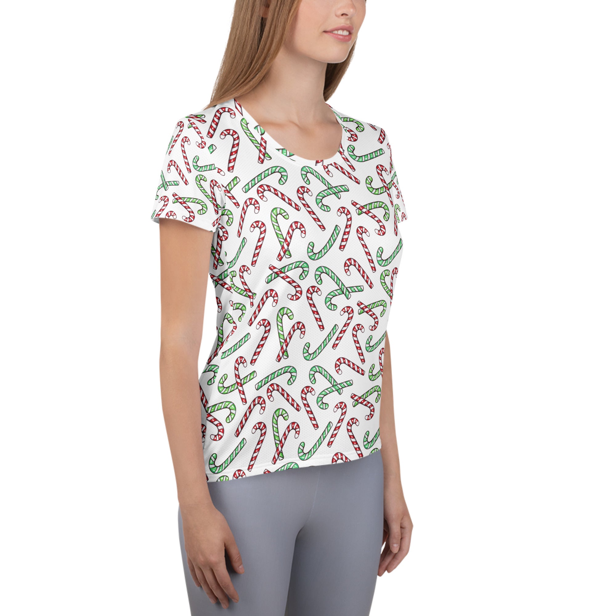Women’s Red & Green Candy Cane Christmas Performance Athletic T-Shirt - Lightweight Moisture Wicking Workout Top with UPF 50+