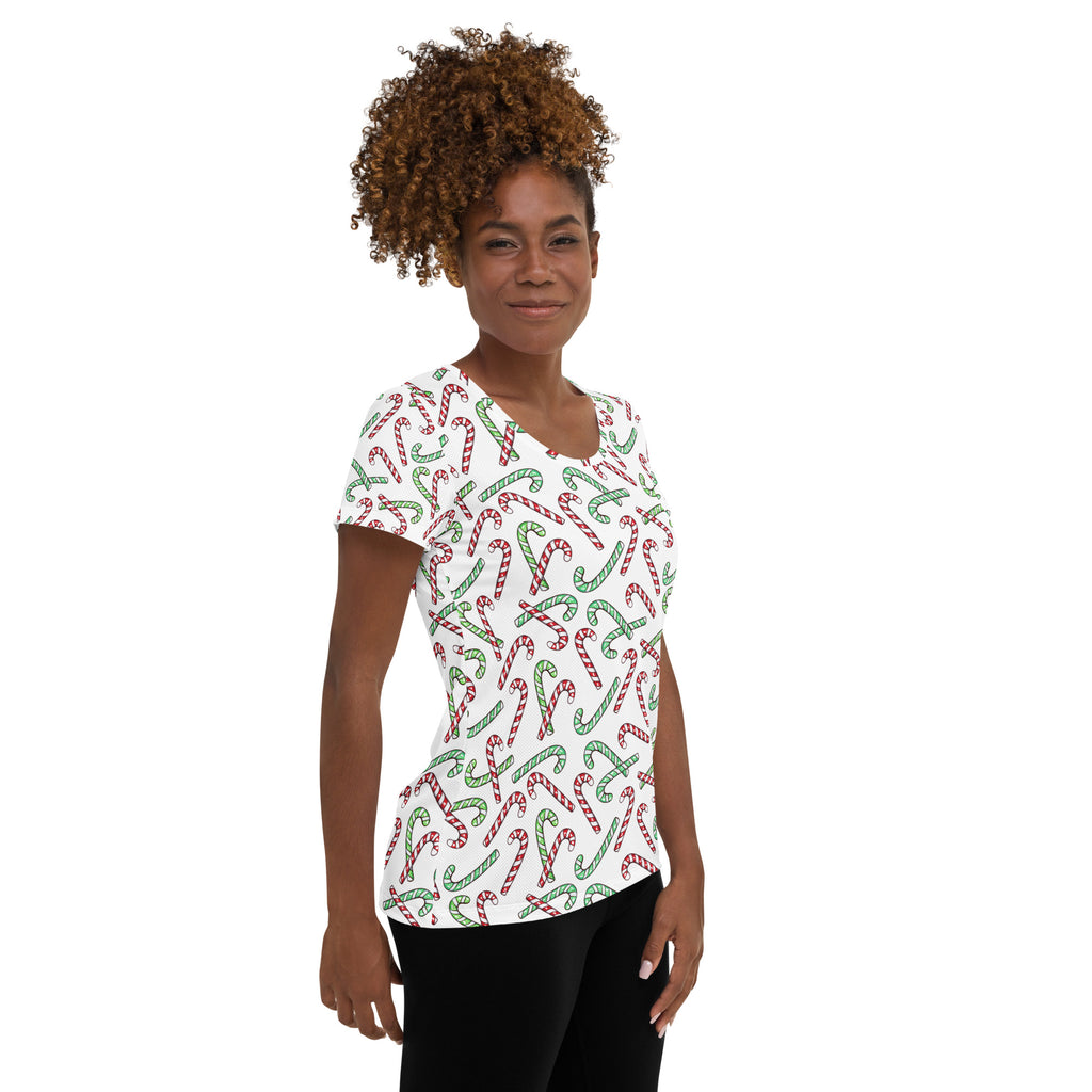 Women’s Red & Green Candy Cane Christmas Performance Athletic T-Shirt - Lightweight Moisture Wicking Workout Top with UPF 50+