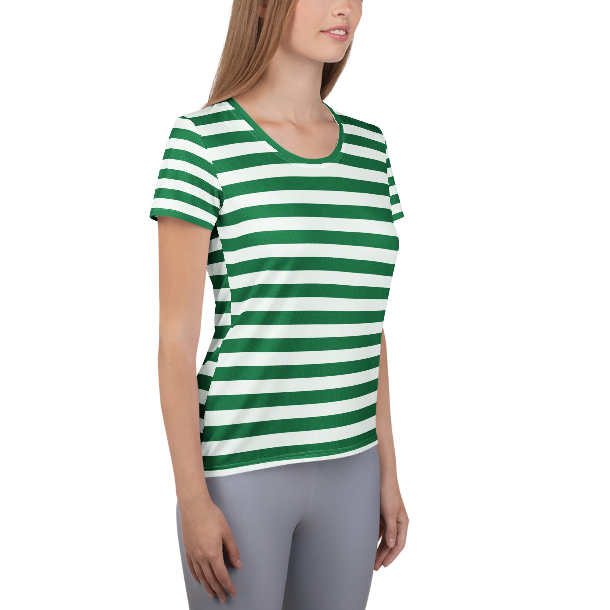 Women’s Striped Green Christmas Performance Athletic T-Shirt - Lightweight Moisture Wicking Workout Top with UPF 50+