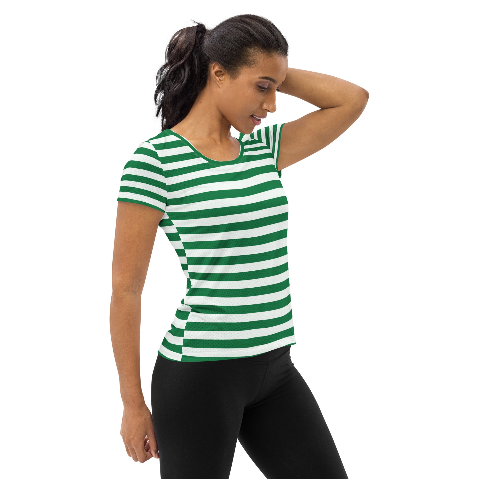 Women’s Striped Green Christmas Performance Athletic T-Shirt - Lightweight Moisture Wicking Workout Top with UPF 50+
