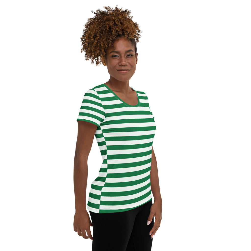 Women’s Striped Green Christmas Performance Athletic T-Shirt - Lightweight Moisture Wicking Workout Top with UPF 50+