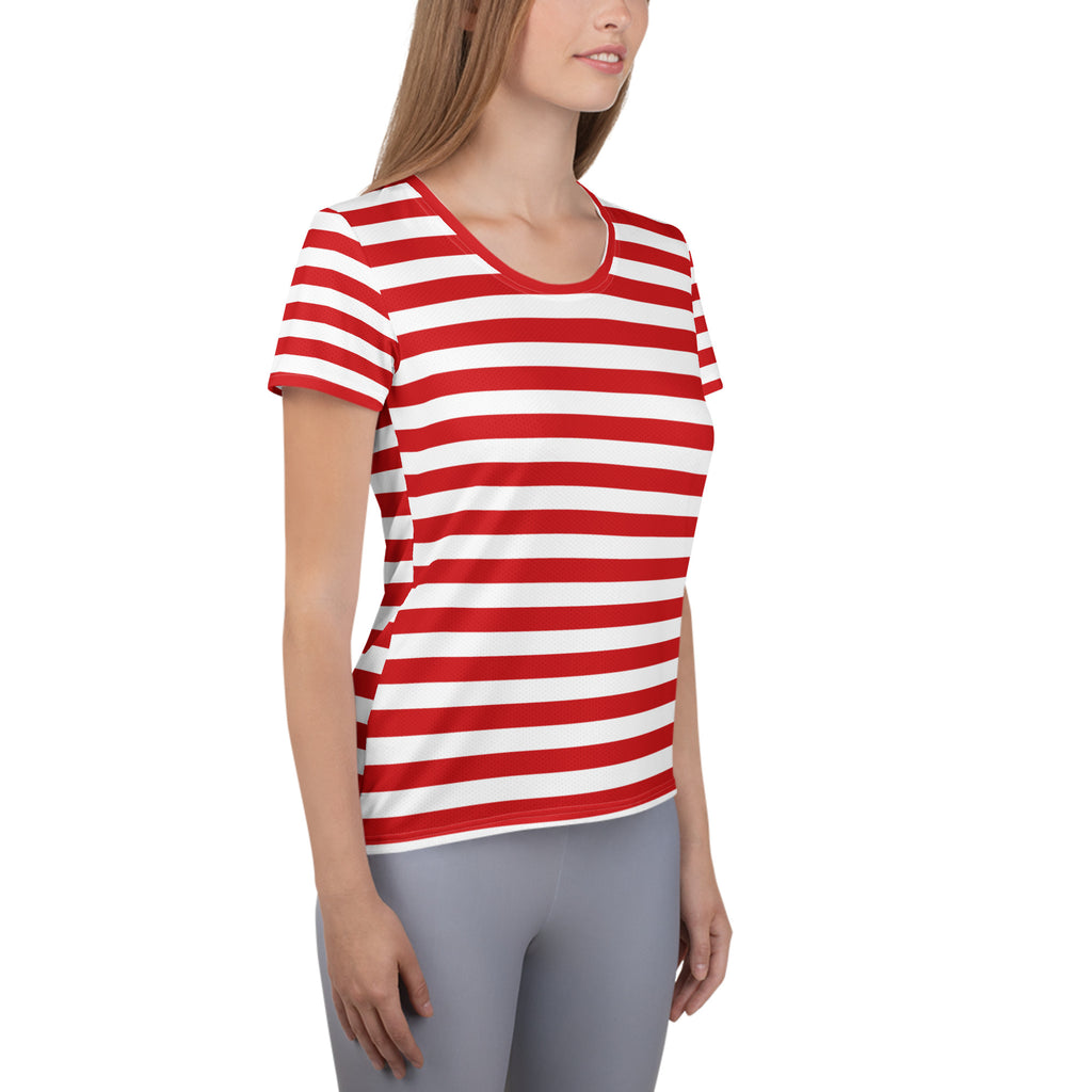 Women’s Striped Red Christmas Performance Athletic T-Shirt - Lightweight Moisture Wicking Workout Top with UPF 50+