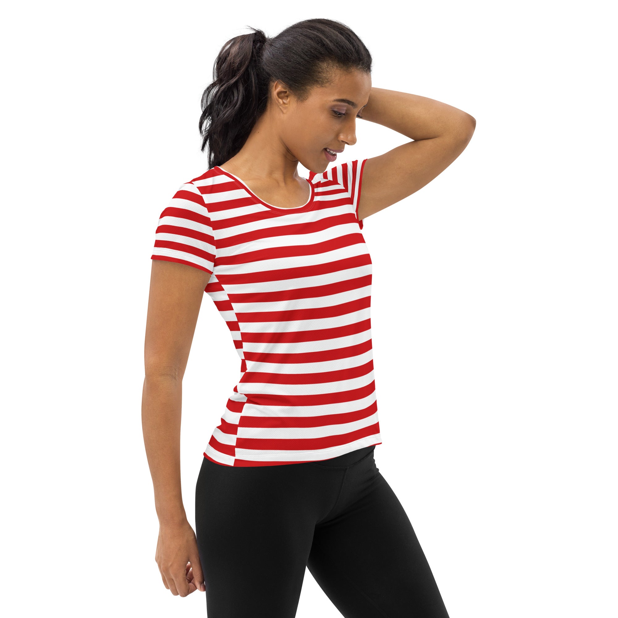 Women’s Striped Red Christmas Performance Athletic T-Shirt - Lightweight Moisture Wicking Workout Top with UPF 50+