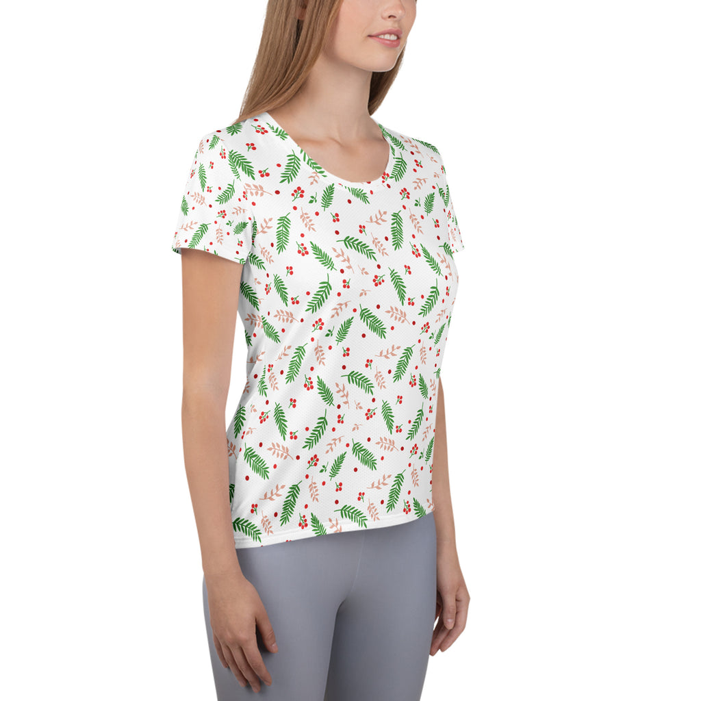Women’s Christmas Holly Berry Performance Athletic T-Shirt - Lightweight Moisture Wicking Workout Top with UPF 50+