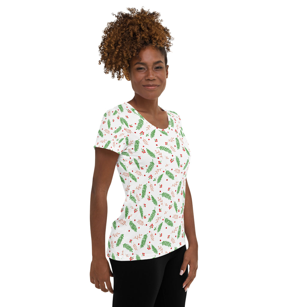 Women’s Christmas Holly Berry Performance Athletic T-Shirt - Lightweight Moisture Wicking Workout Top with UPF 50+
