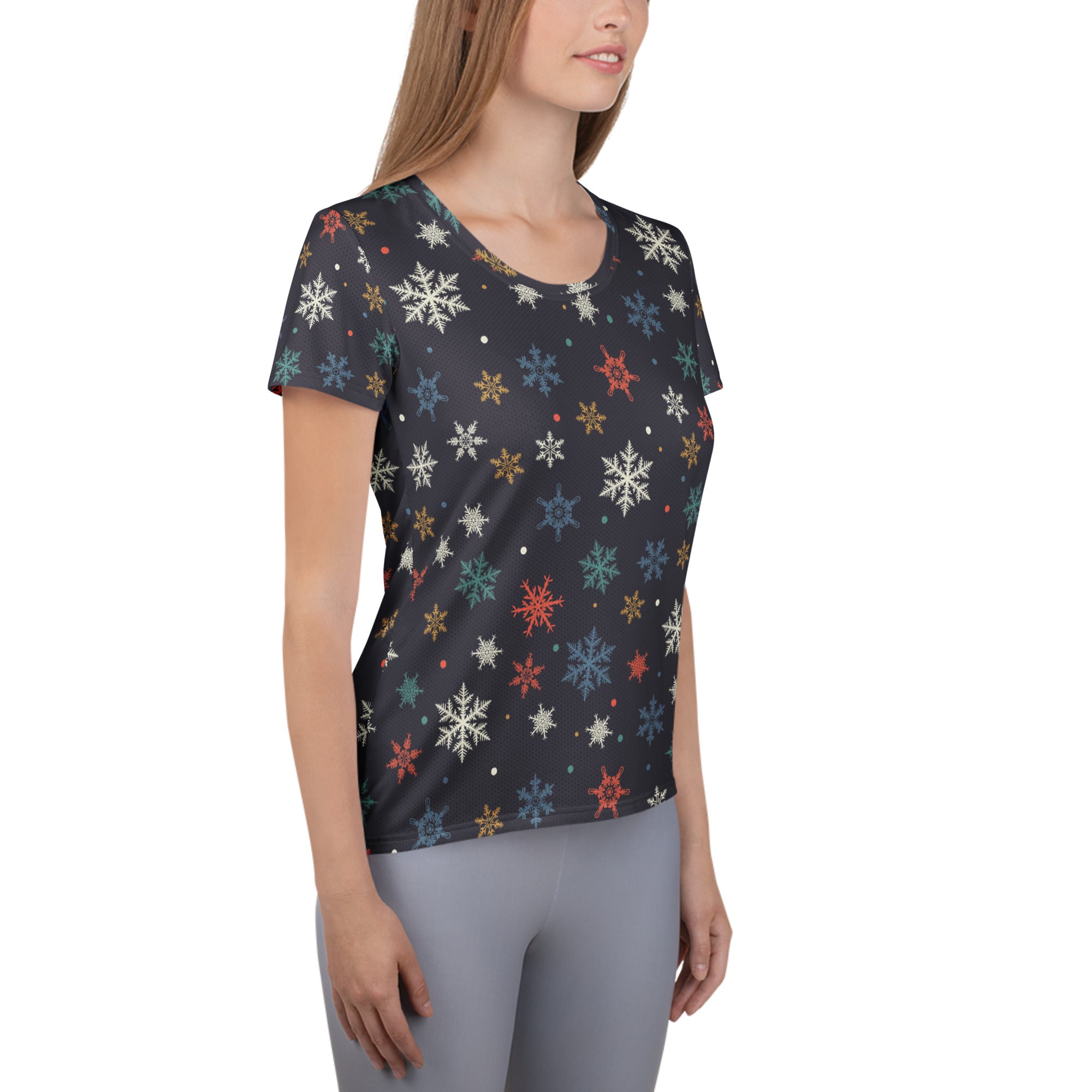 Women’s Colorful Snowflake Performance Athletic T-Shirt - Lightweight Moisture Wicking Workout Top with UPF 50+
