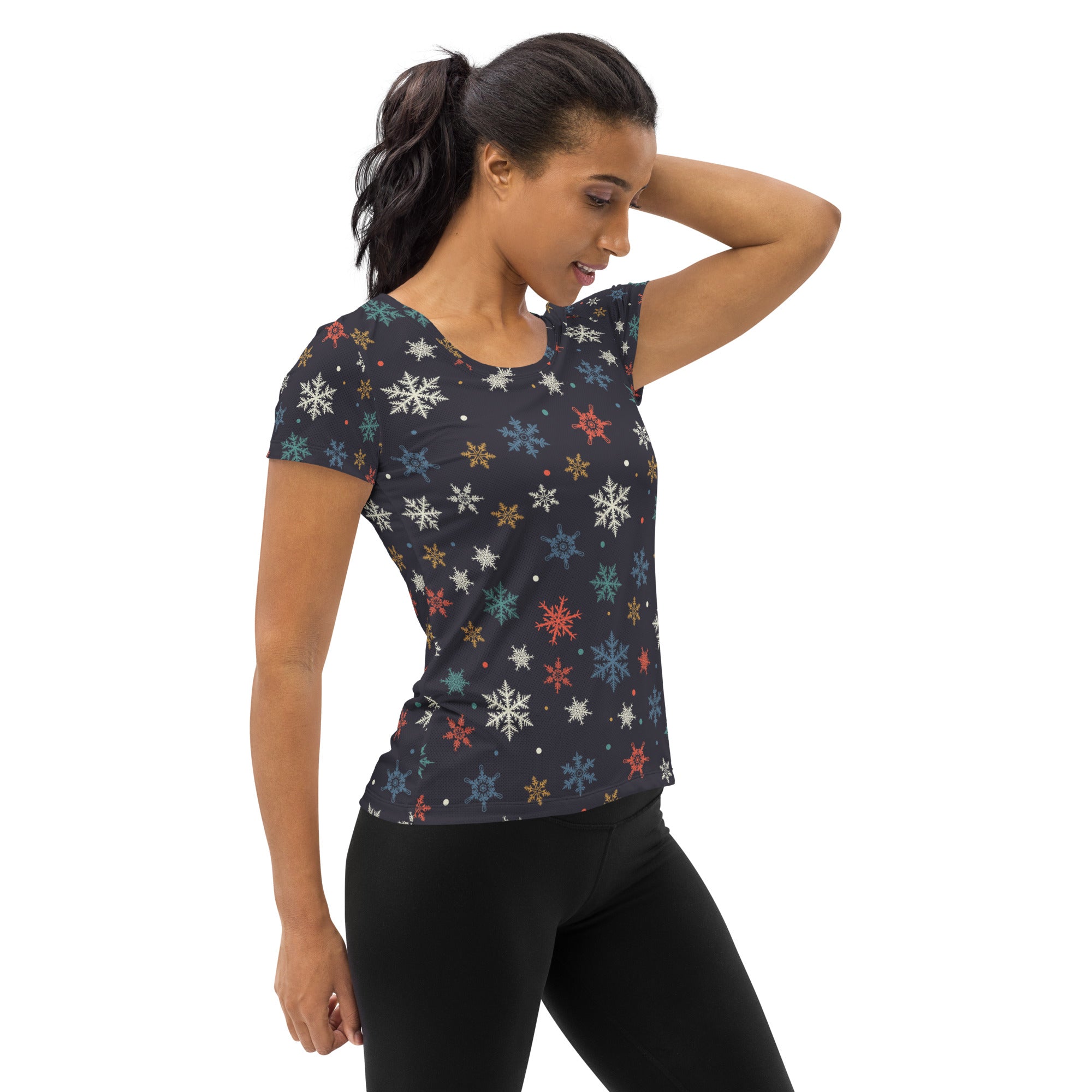 Women’s Colorful Snowflake Performance Athletic T-Shirt - Lightweight Moisture Wicking Workout Top with UPF 50+