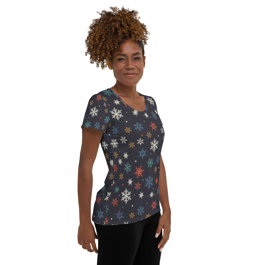 Women’s Colorful Snowflake Performance Athletic T-Shirt - Lightweight Moisture Wicking Workout Top with UPF 50+