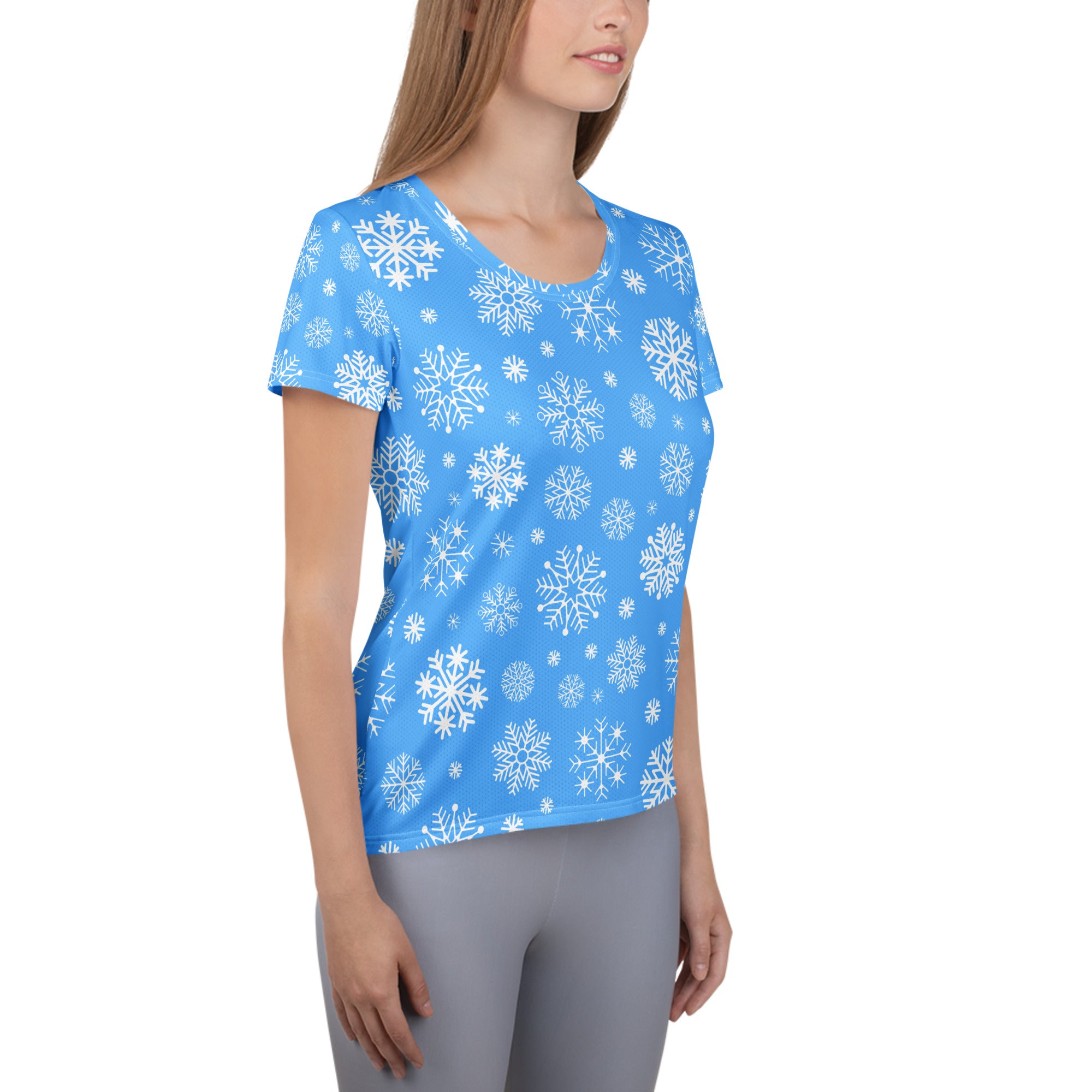 Women’s Blue Snowflake Performance Athletic T-Shirt - Lightweight Moisture Wicking Workout Top with UPF 50+