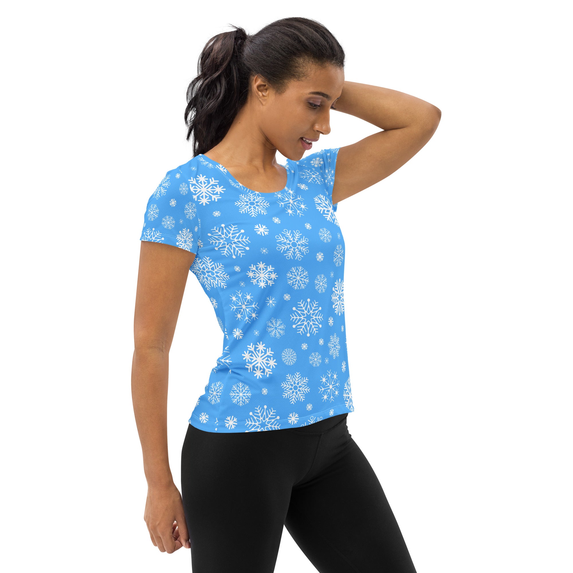 Women’s Blue Snowflake Performance Athletic T-Shirt - Lightweight Moisture Wicking Workout Top with UPF 50+