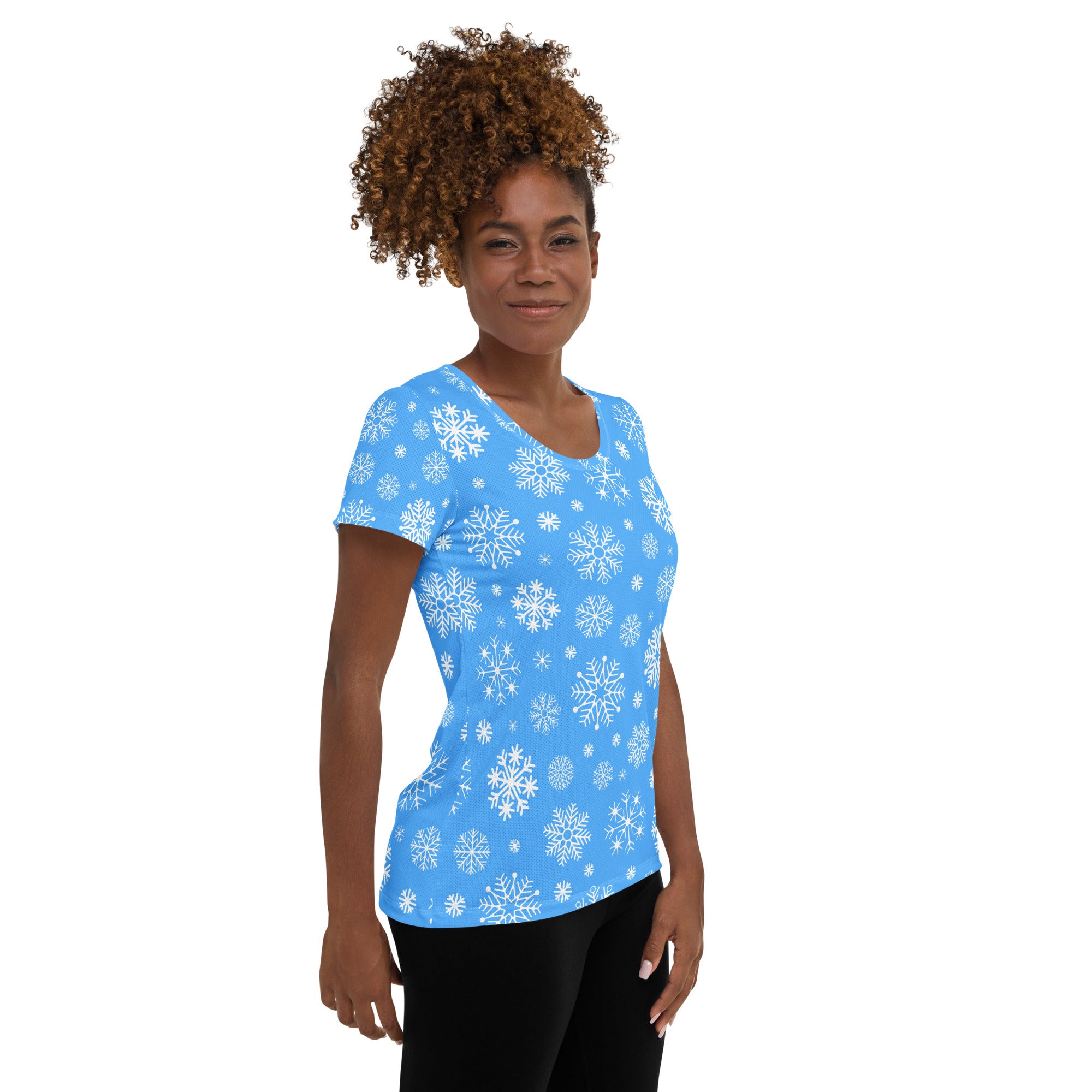 Women’s Blue Snowflake Performance Athletic T-Shirt - Lightweight Moisture Wicking Workout Top with UPF 50+