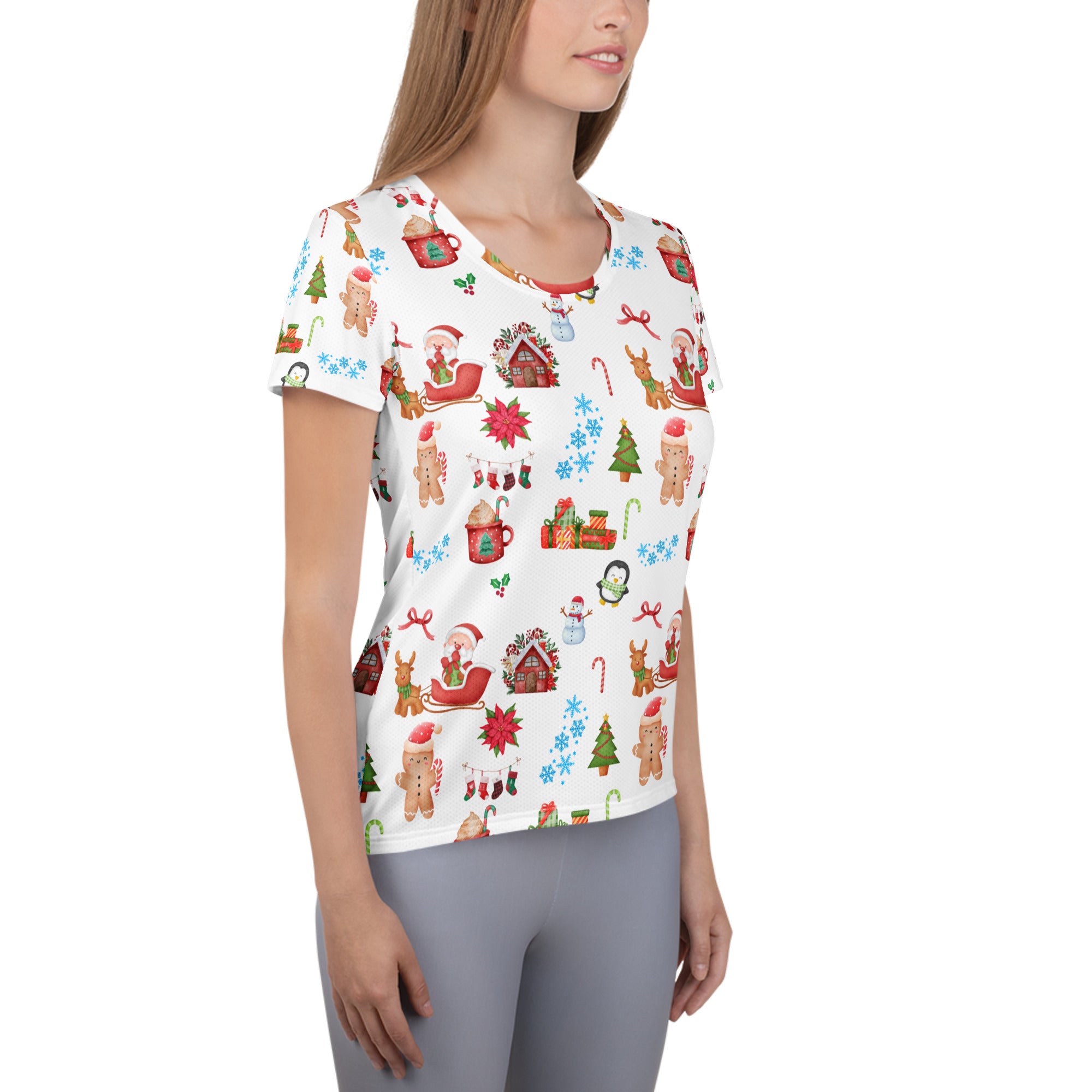 Women’s Christmas Themed Performance Athletic T-Shirt - Lightweight Moisture Wicking Workout Top with UPF 50+