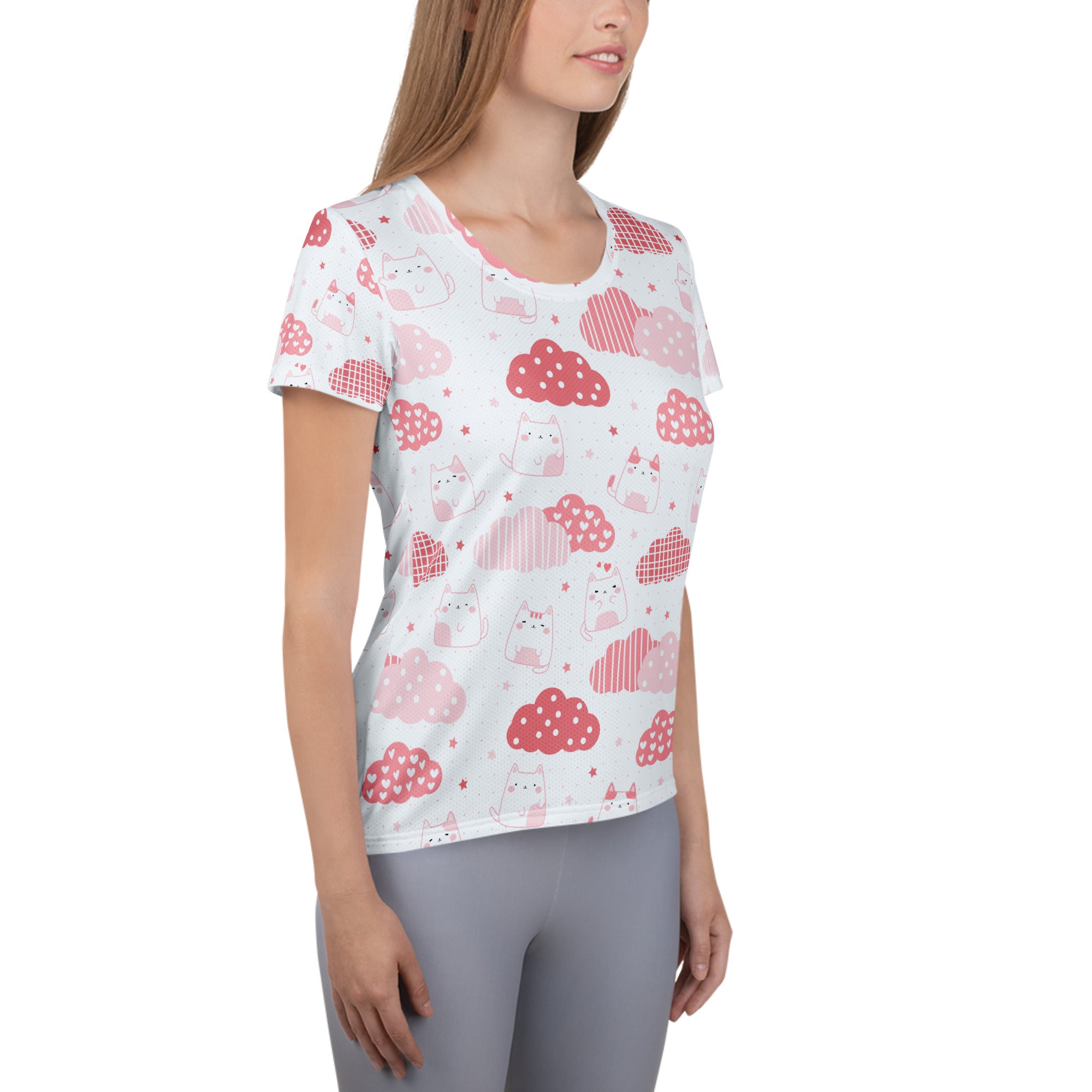 Women’s Kawaii Cats & Clouds Performance Athletic T-Shirt - Lightweight Moisture Wicking Workout Top with UPF 50+