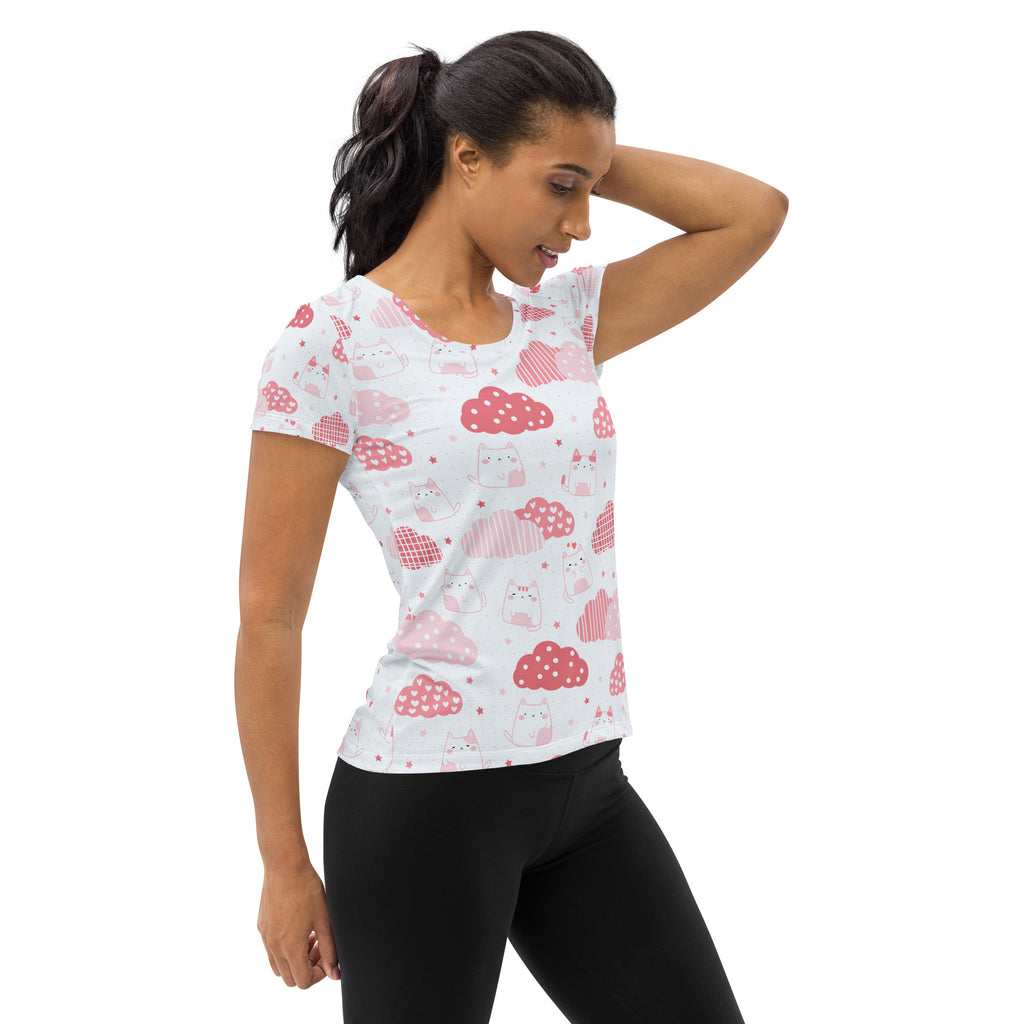 Women’s Kawaii Cats & Clouds Performance Athletic T-Shirt - Lightweight Moisture Wicking Workout Top with UPF 50+