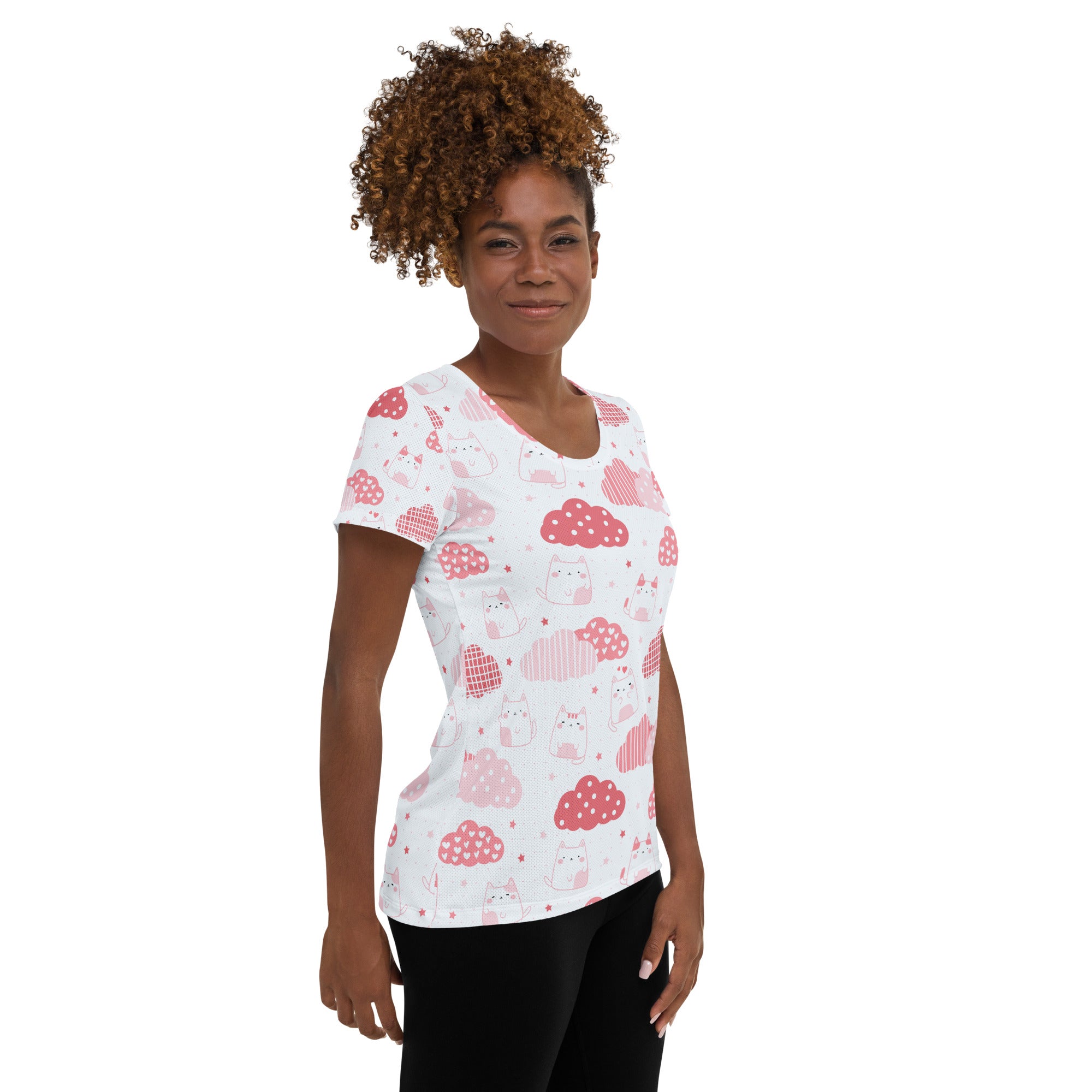 Women’s Kawaii Cats & Clouds Performance Athletic T-Shirt - Lightweight Moisture Wicking Workout Top with UPF 50+