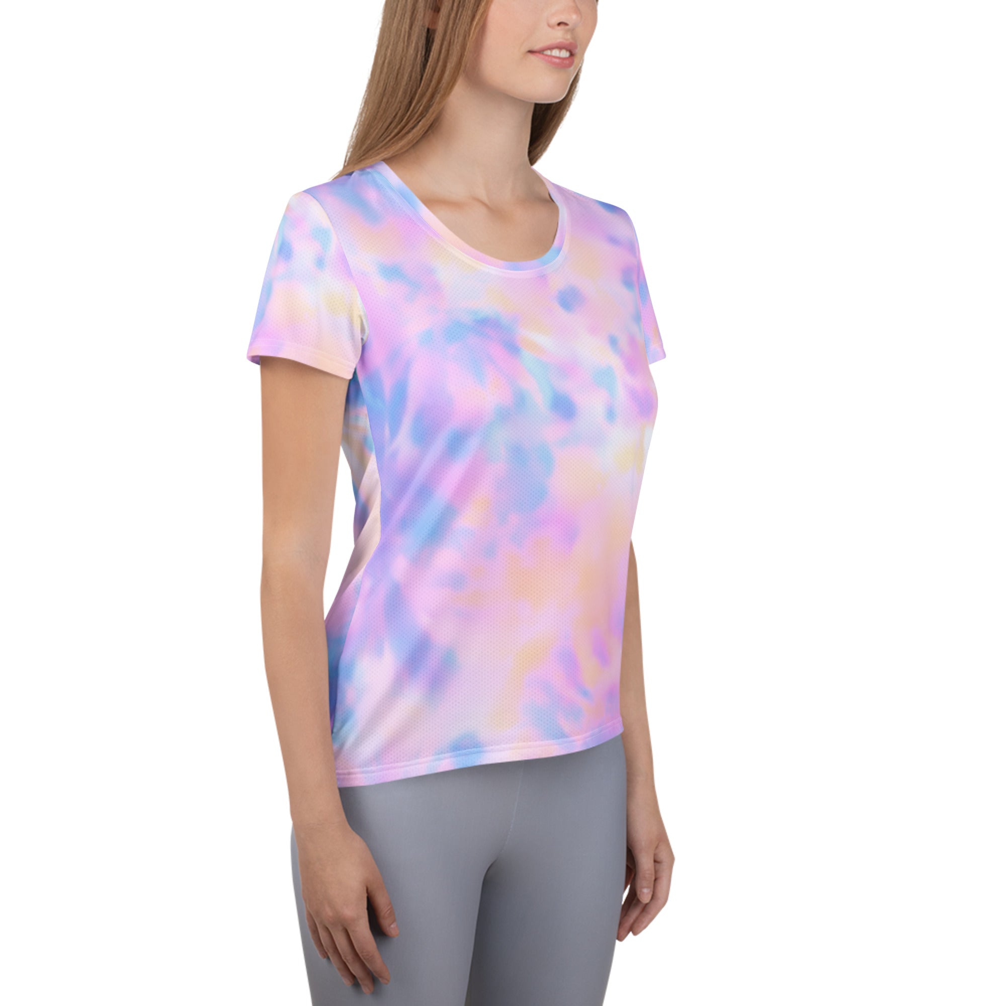 Women’s Pastel Watercolor Tie Dye Performance Athletic T-Shirt - Lightweight Moisture Wicking Workout Top with UPF 50+