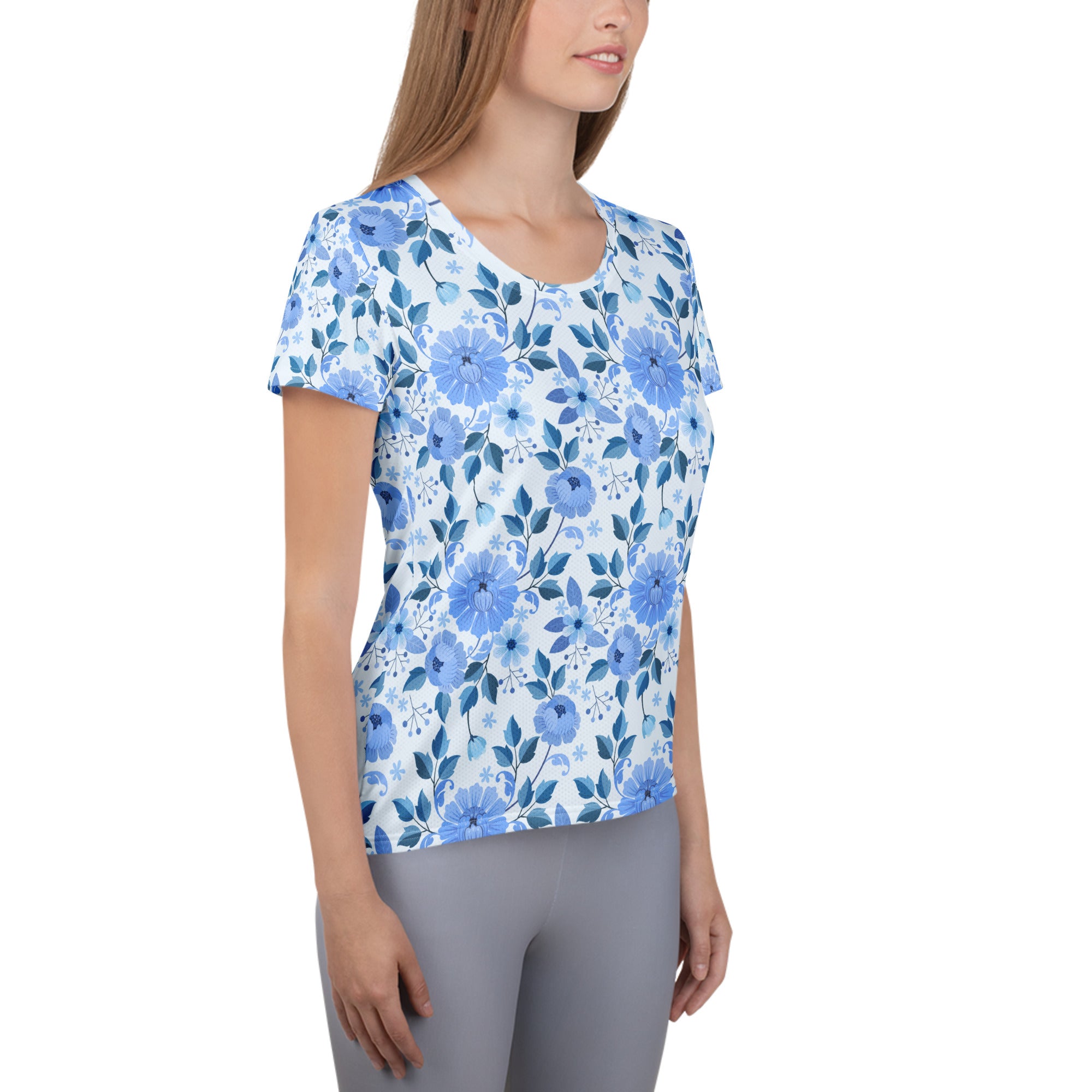 Women’s Blue Floral Performance Athletic T-Shirt - Lightweight Moisture Wicking Workout Top with UPF 50+