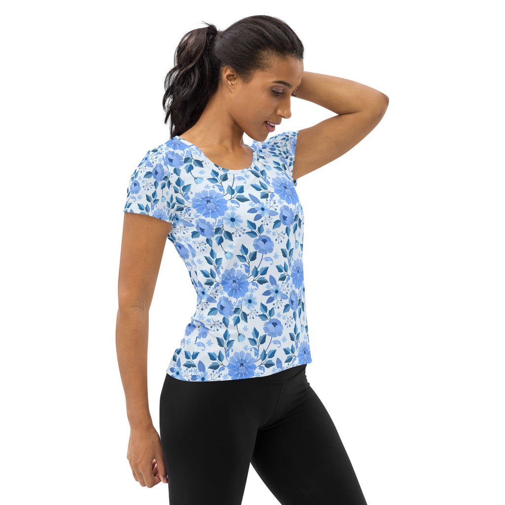 Women’s Blue Floral Performance Athletic T-Shirt - Lightweight Moisture Wicking Workout Top with UPF 50+