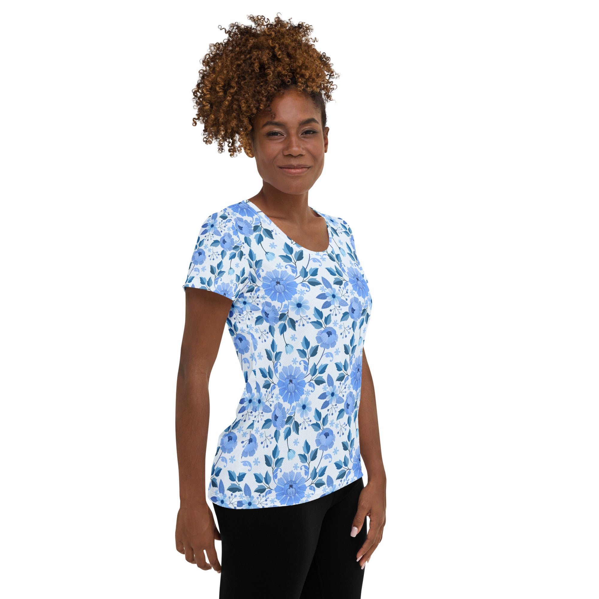 Women’s Blue Floral Performance Athletic T-Shirt - Lightweight Moisture Wicking Workout Top with UPF 50+
