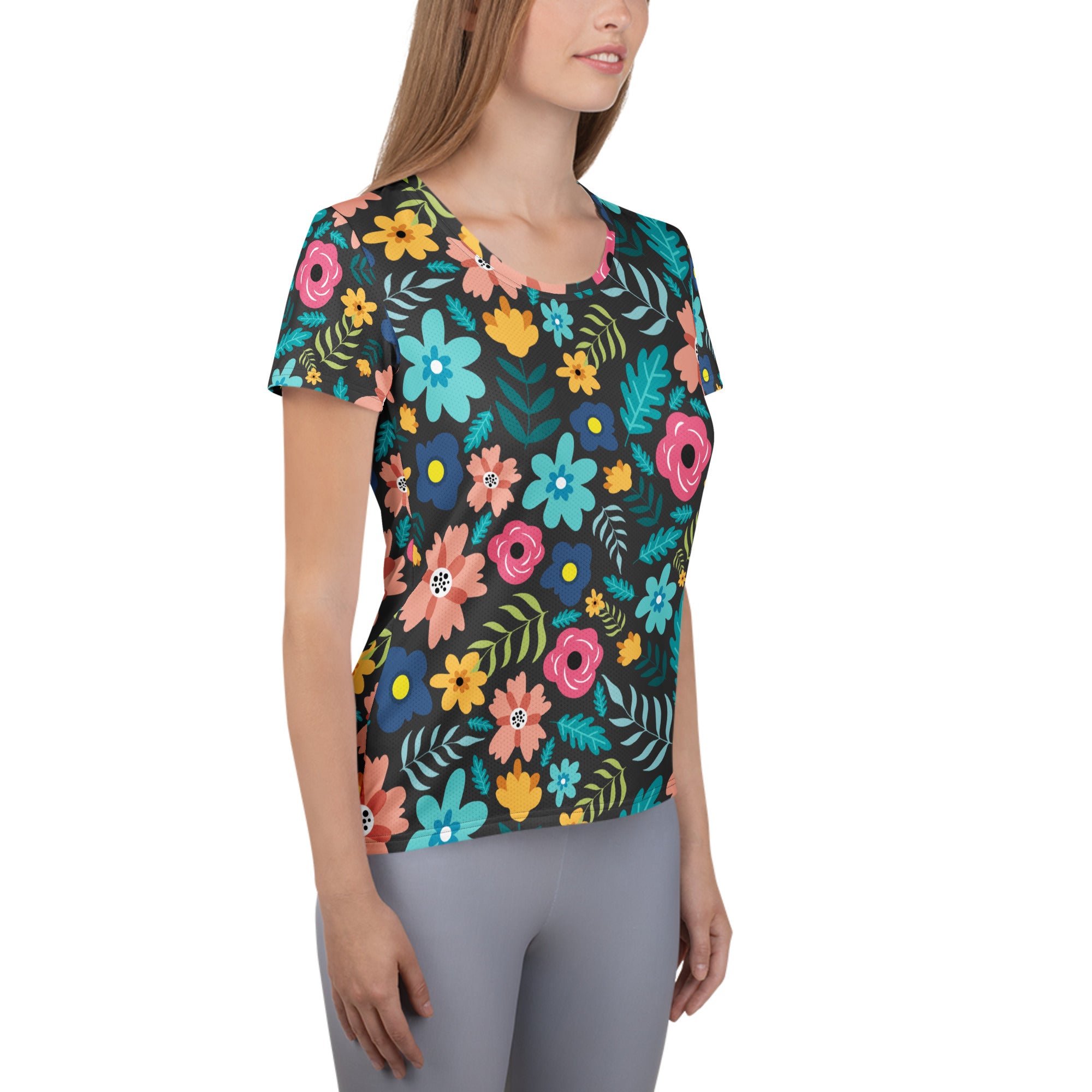 Women’s Dark Botanical Floral Performance Athletic T-Shirt - Lightweight Moisture Wicking Workout Top with UPF 50+