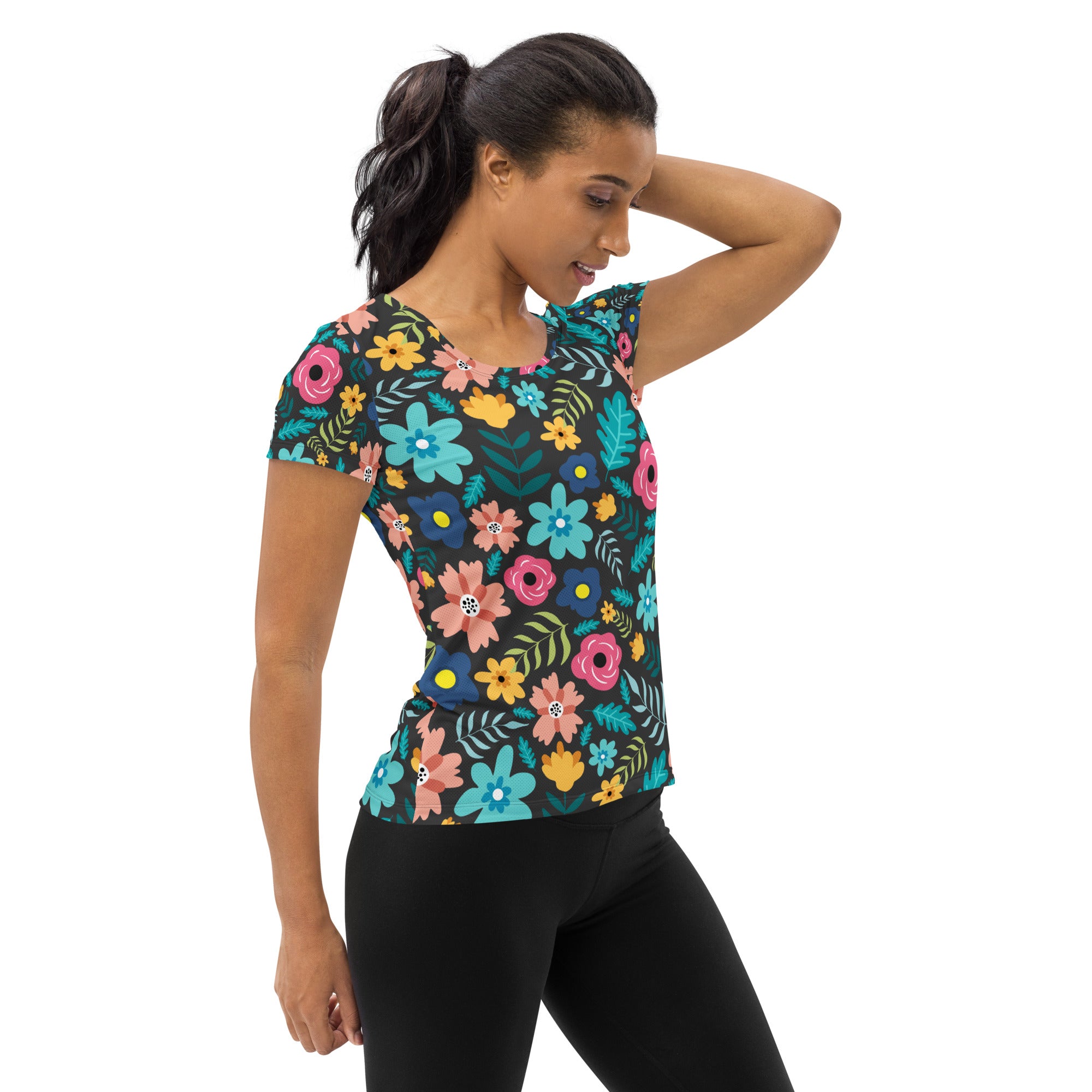 Women’s Dark Botanical Floral Performance Athletic T-Shirt - Lightweight Moisture Wicking Workout Top with UPF 50+