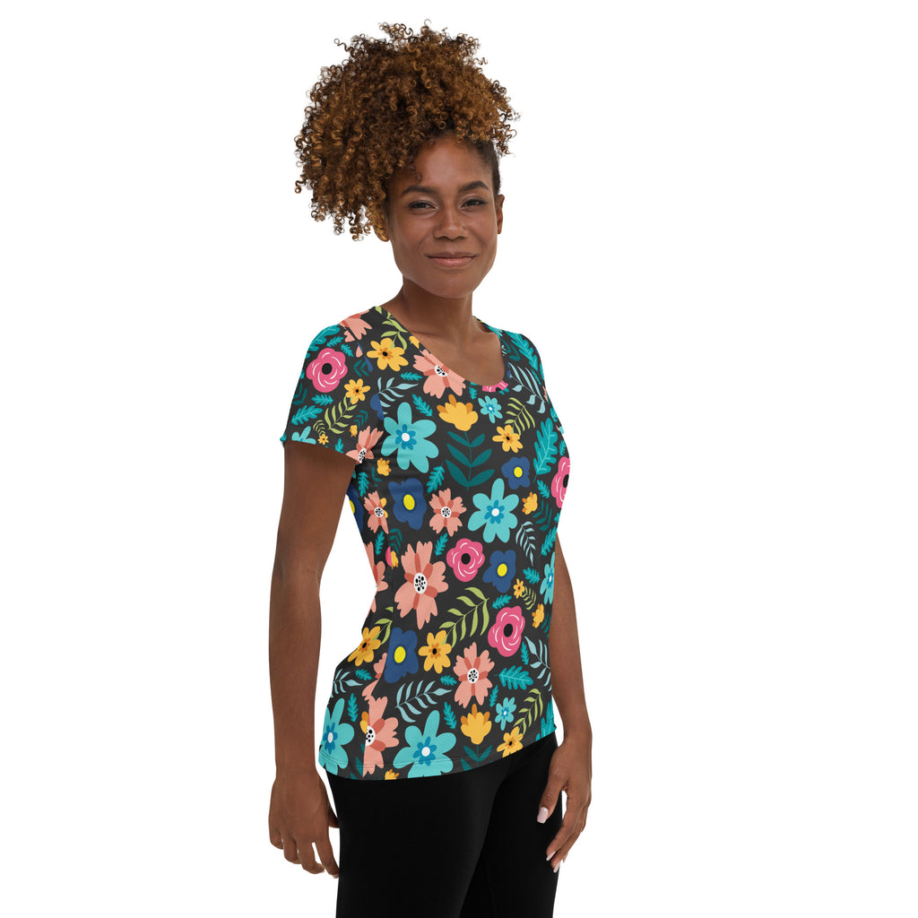 Women’s Dark Botanical Floral Performance Athletic T-Shirt - Lightweight Moisture Wicking Workout Top with UPF 50+