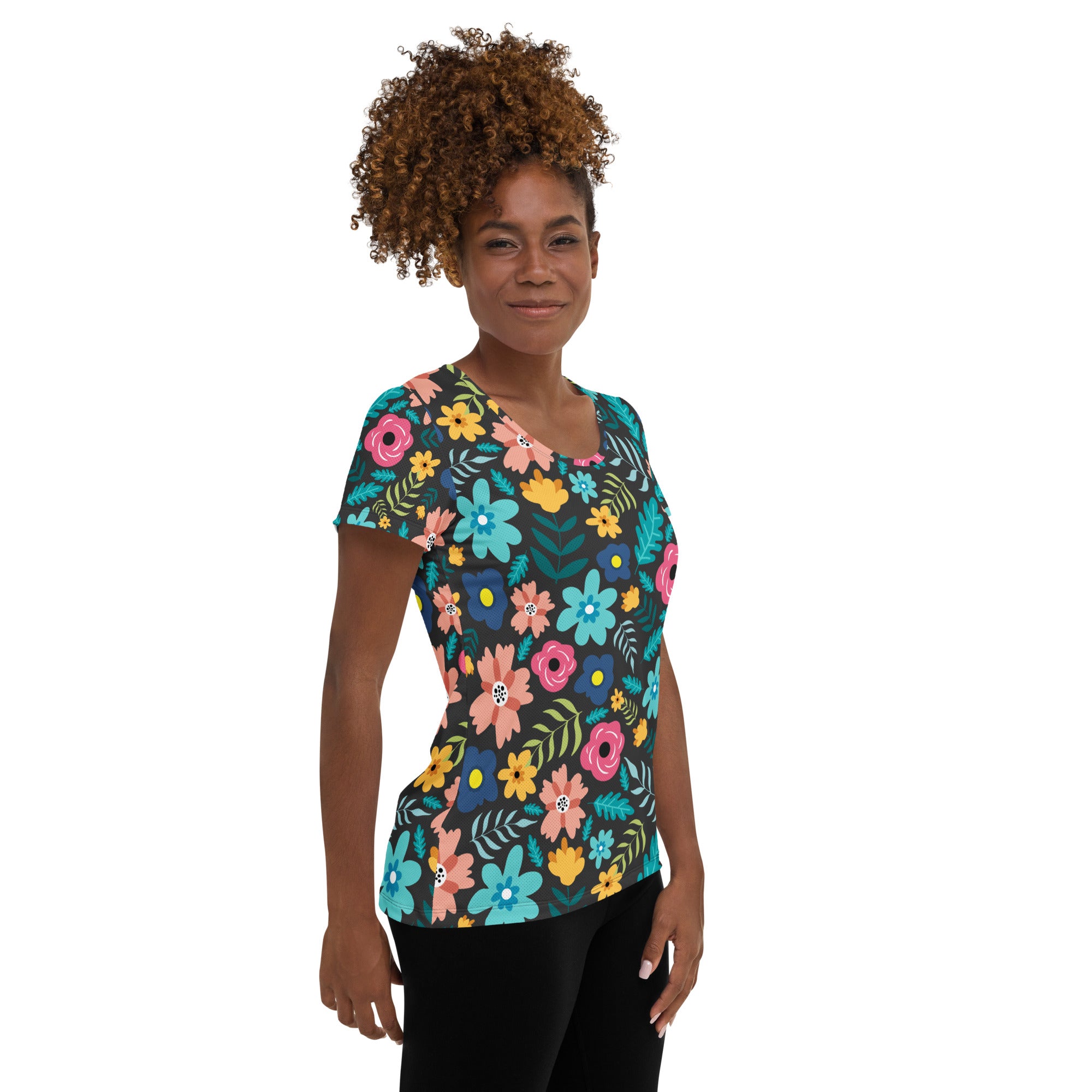 Women’s Dark Botanical Floral Performance Athletic T-Shirt - Lightweight Moisture Wicking Workout Top with UPF 50+