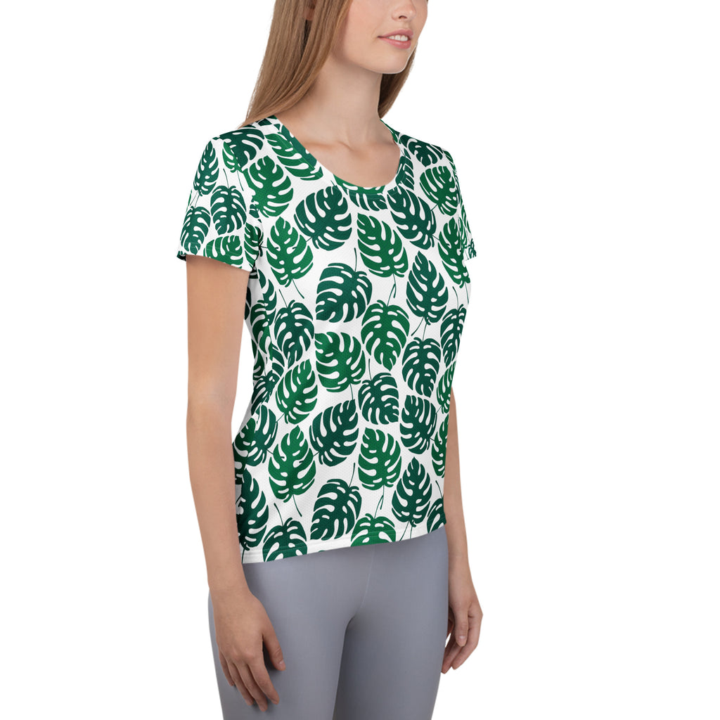 Women’s Monstera Leaf Performance Athletic T-Shirt - Lightweight Moisture Wicking Workout Top with UPF 50+