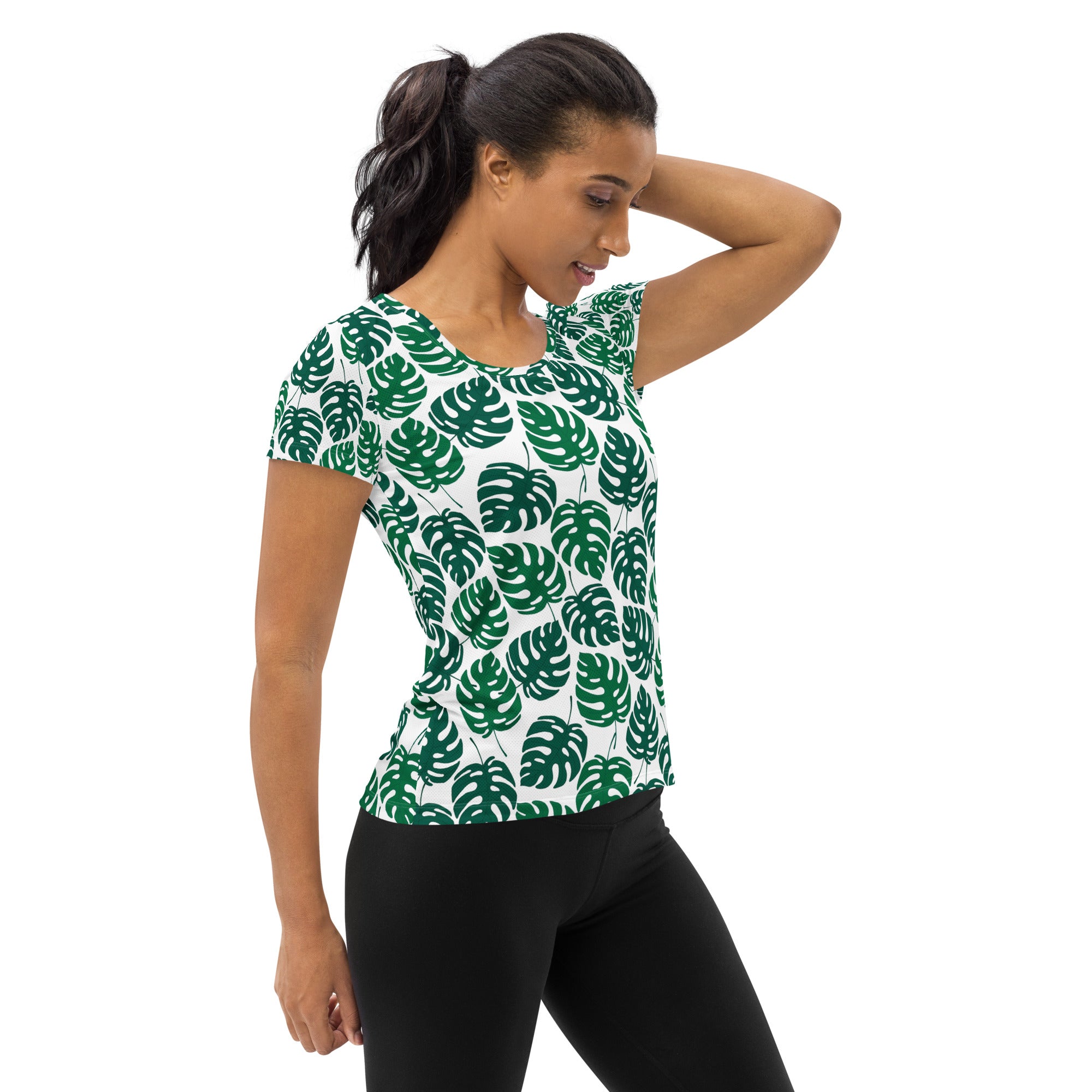Women’s Monstera Leaf Performance Athletic T-Shirt - Lightweight Moisture Wicking Workout Top with UPF 50+