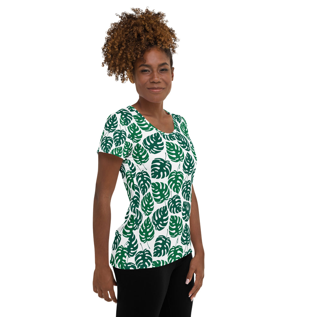 Women’s Monstera Leaf Performance Athletic T-Shirt - Lightweight Moisture Wicking Workout Top with UPF 50+