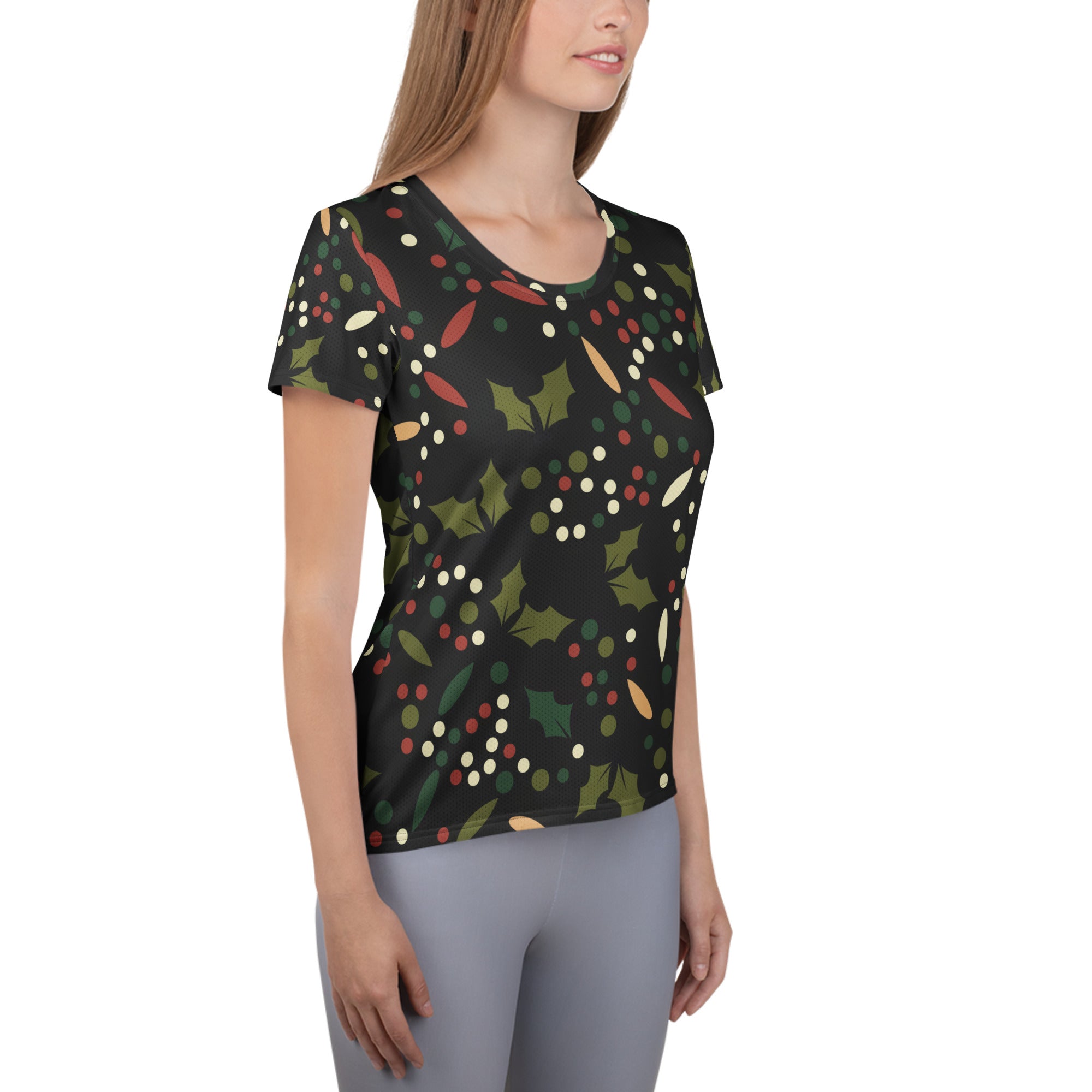Women’s Christmas Holly Performance Athletic T-Shirt - Lightweight Moisture Wicking Workout Top with UPF 50+
