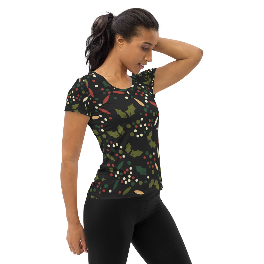 Women’s Christmas Holly Performance Athletic T-Shirt - Lightweight Moisture Wicking Workout Top with UPF 50+