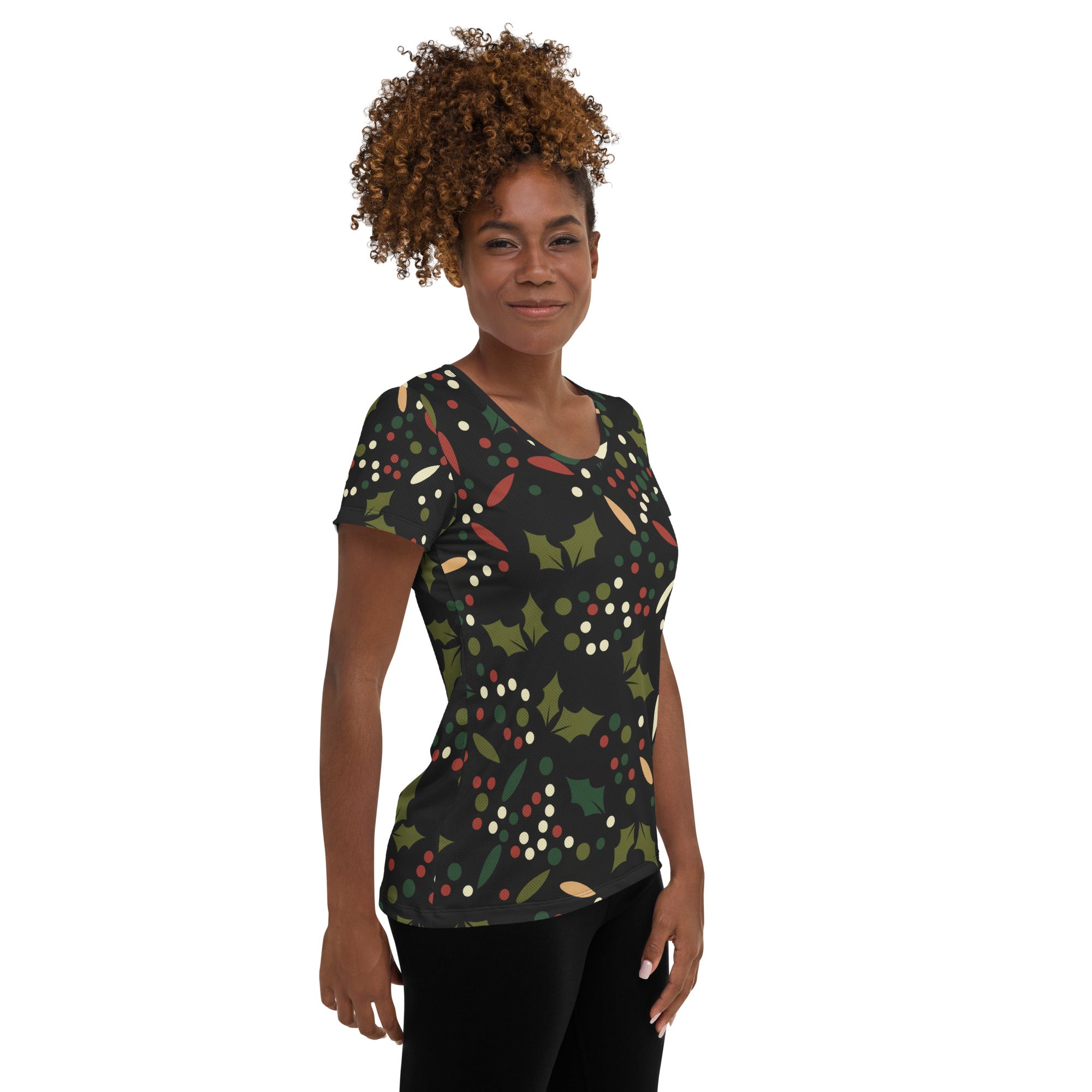 Women’s Christmas Holly Performance Athletic T-Shirt - Lightweight Moisture Wicking Workout Top with UPF 50+