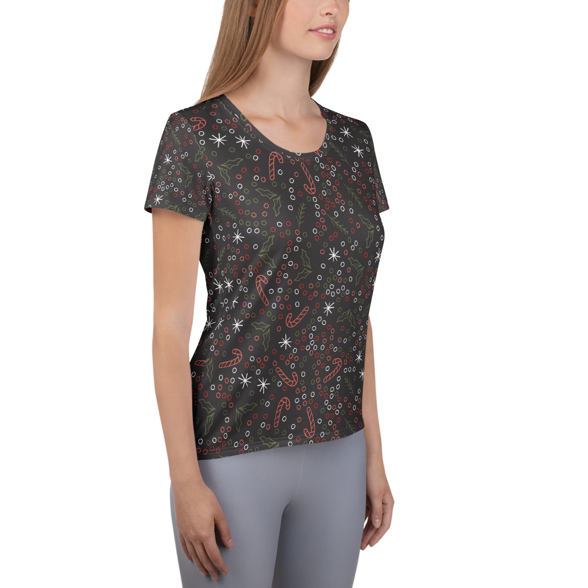 Women’s Christmas Candy Cane Performance Athletic T-Shirt - Lightweight Moisture Wicking Workout Top with UPF 50+