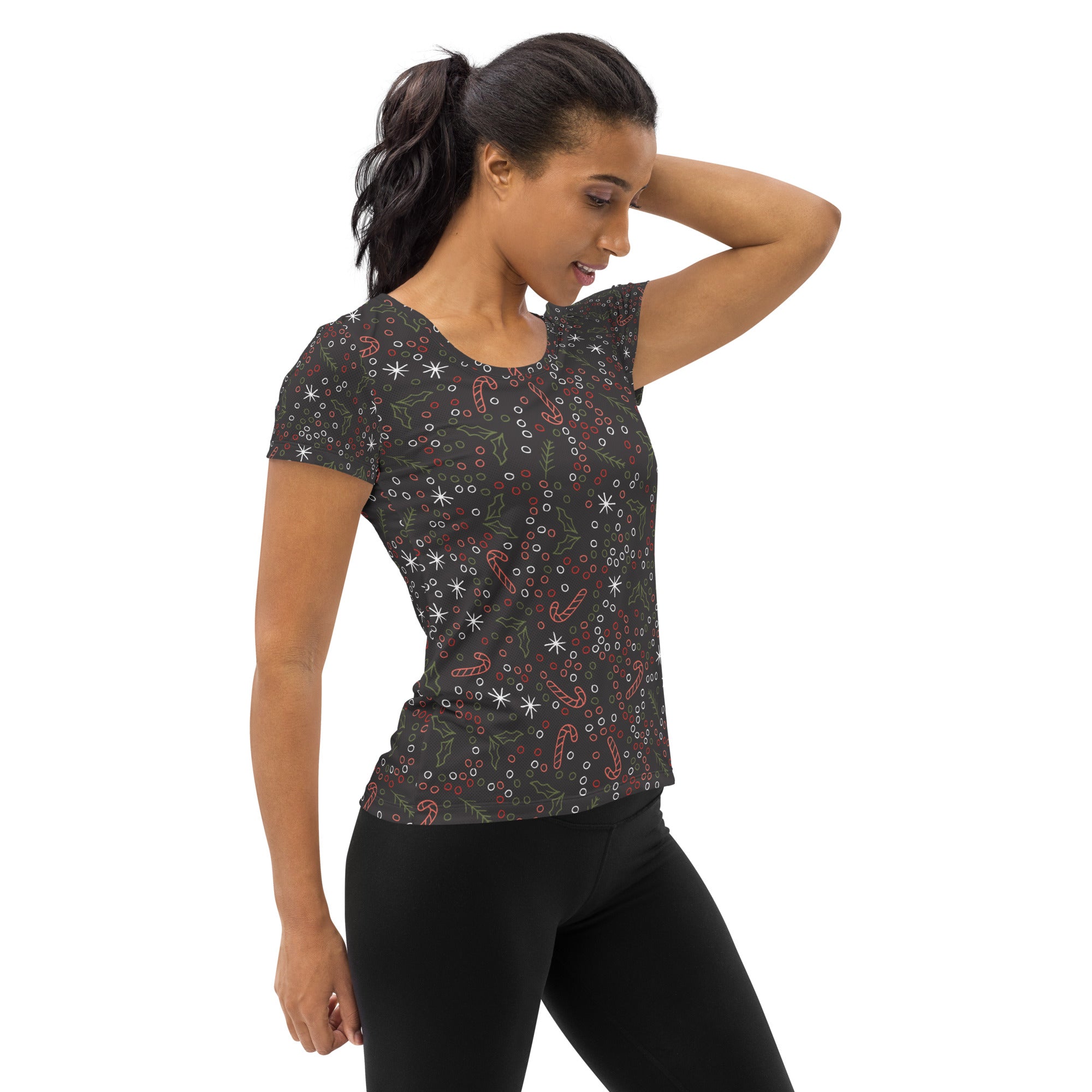 Women’s Christmas Candy Cane Performance Athletic T-Shirt - Lightweight Moisture Wicking Workout Top with UPF 50+