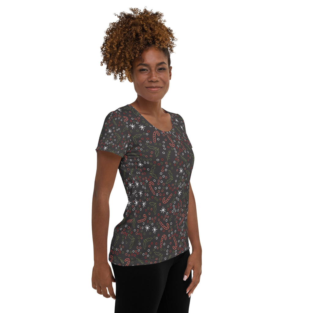 Women’s Christmas Candy Cane Performance Athletic T-Shirt - Lightweight Moisture Wicking Workout Top with UPF 50+