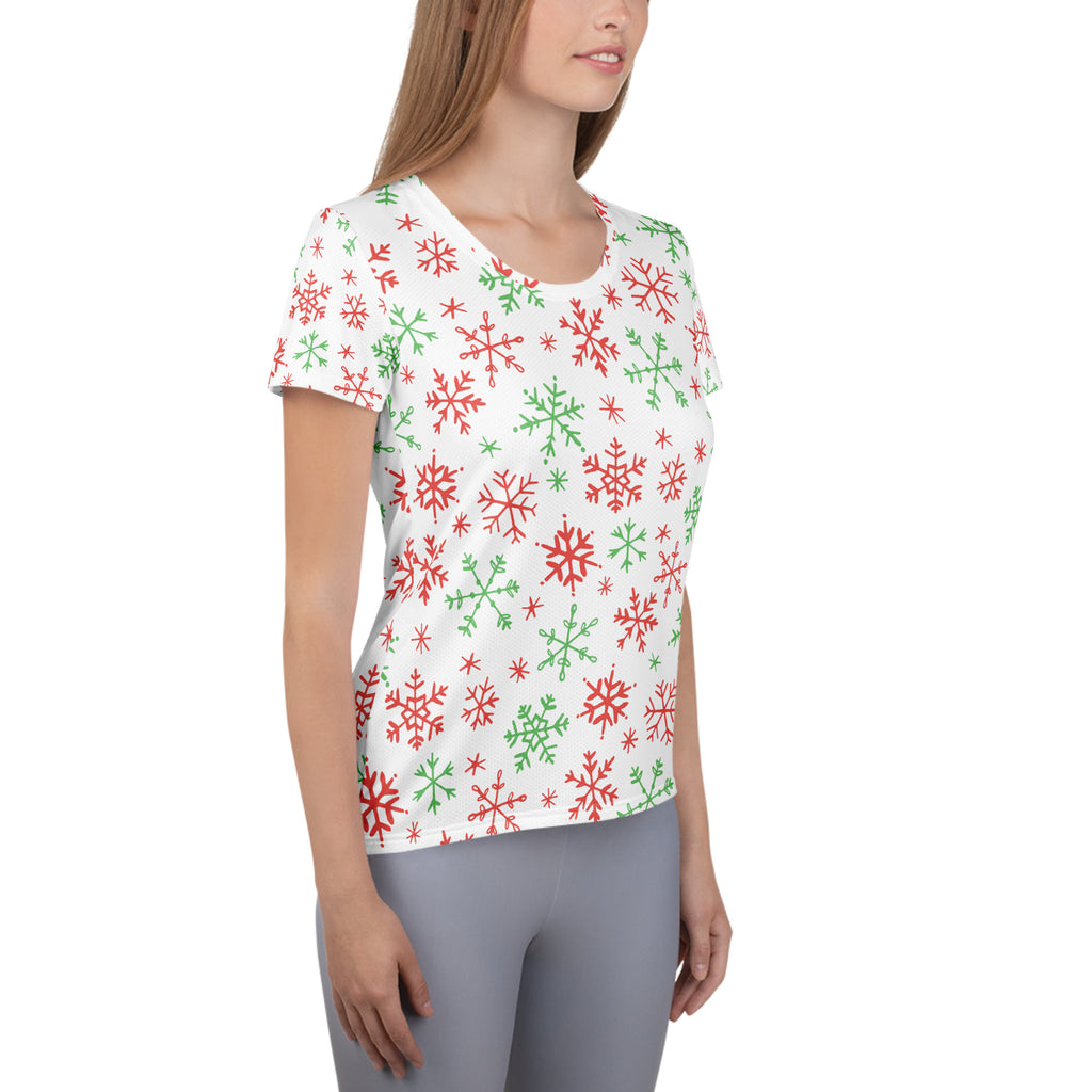 Women’s Red & Green Candy Cane Snowflake Performance Athletic T-Shirt - Lightweight Moisture Wicking Workout Top with UPF 50+