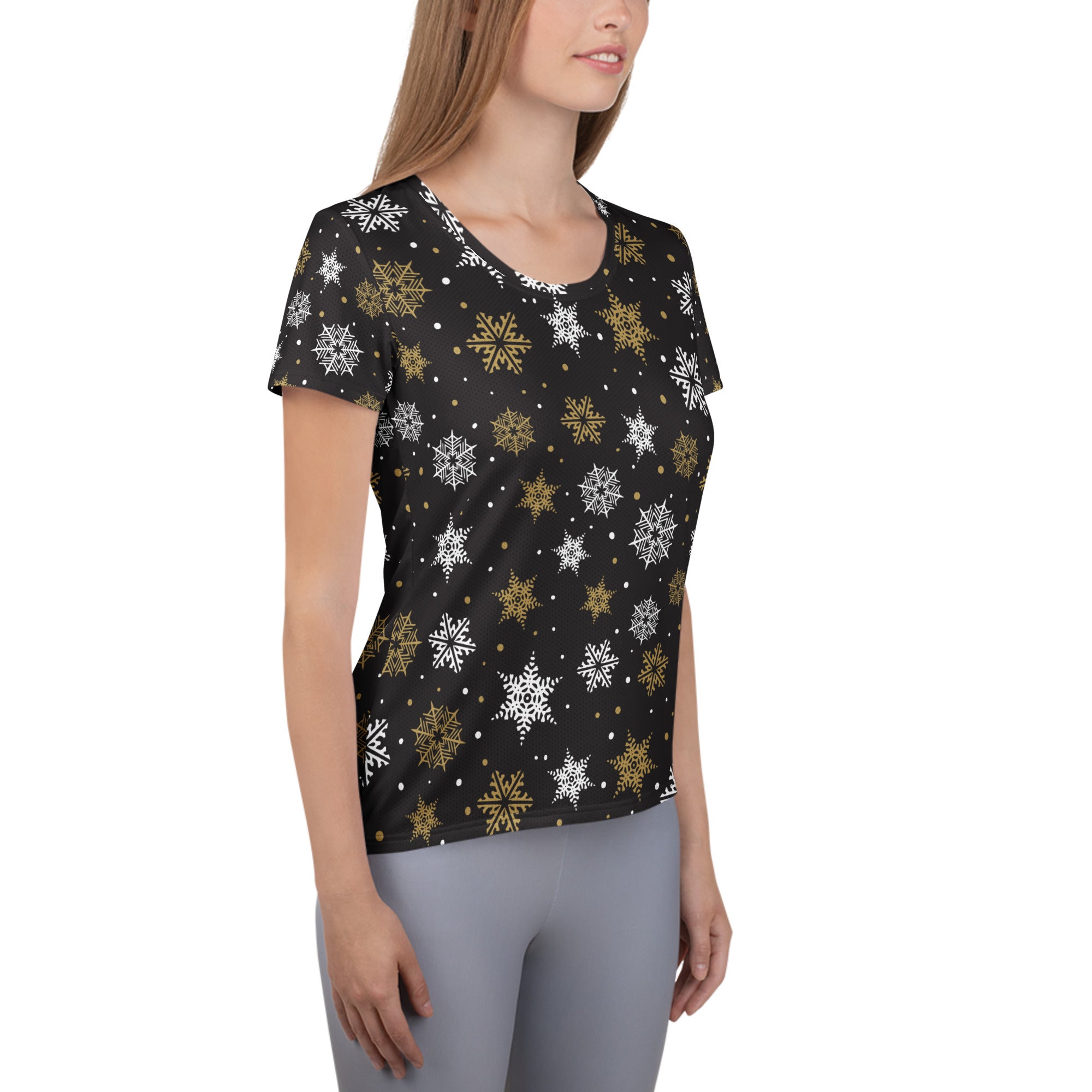 Women’s Gold Snowflake Performance Athletic T-Shirt - Lightweight Moisture Wicking Workout Top with UPF 50+