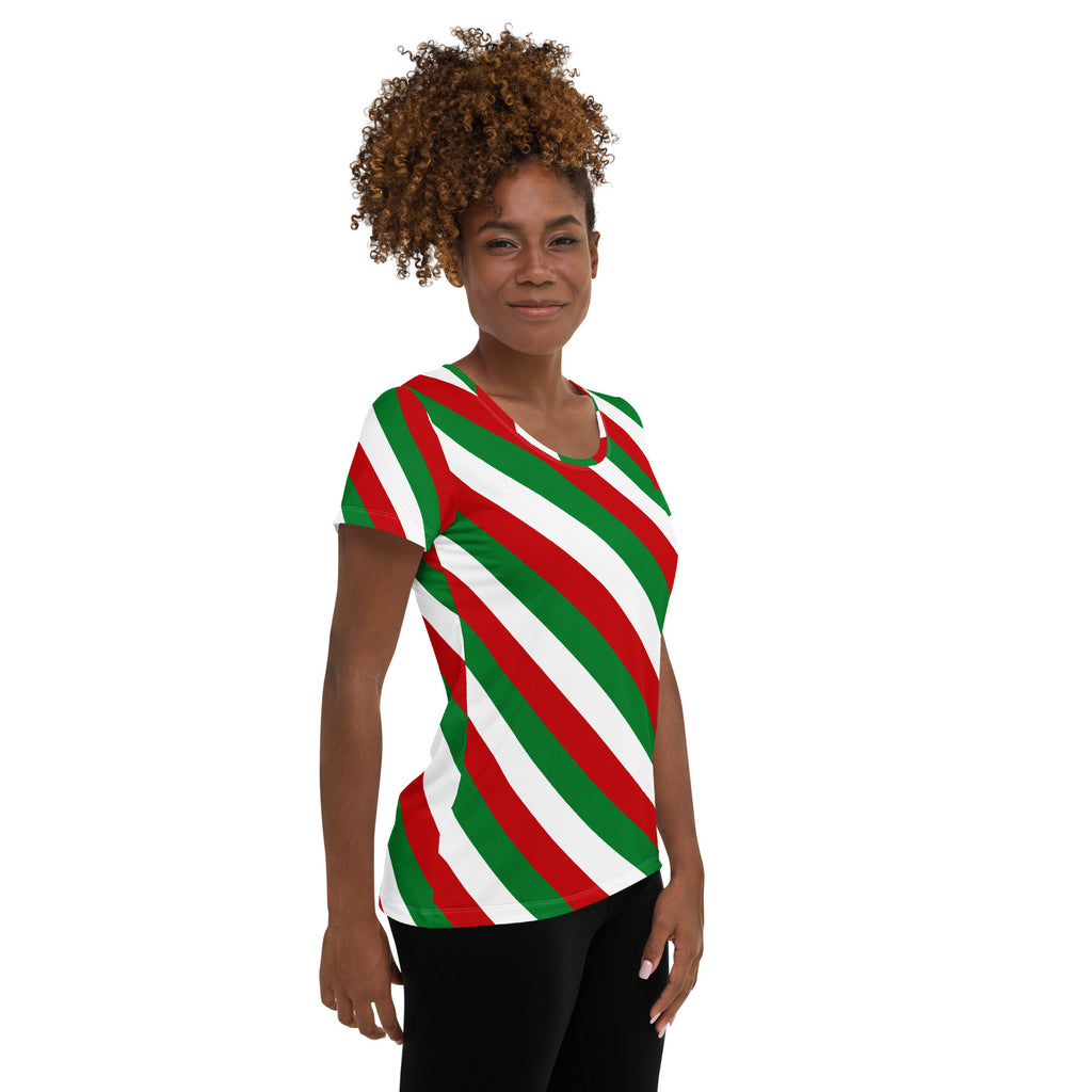 Women’s Christmas Candy Cane Stripe Performance Athletic T-Shirt - Lightweight Moisture Wicking Workout Top with UPF 50+